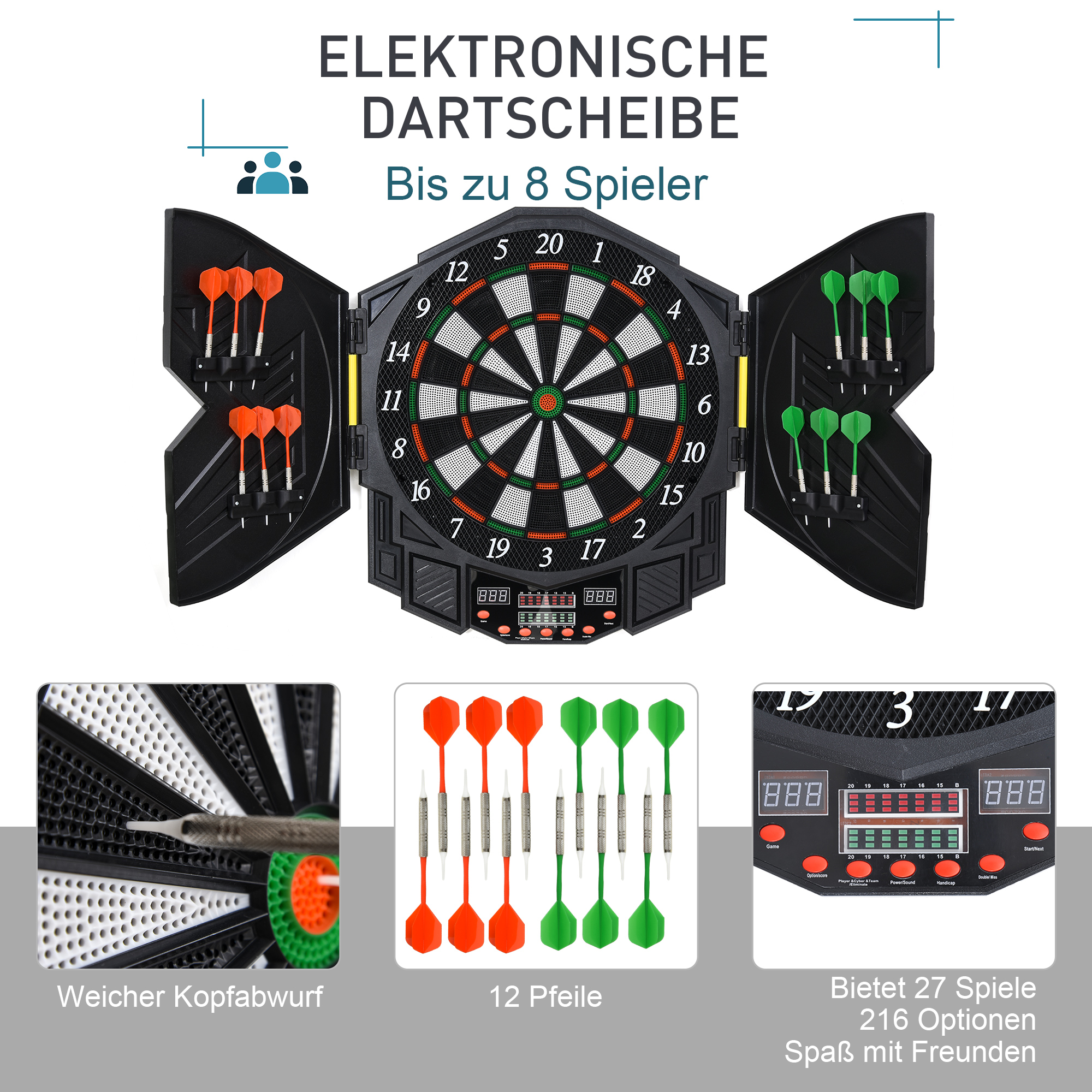 elektronische Dartscheibe Dartboard mit Sprachansagen Englische Stimme LED-Anzeigen 12 Darts 27 Spiele 216 Varianten Dartautomat mit Türen Dartscheibe Set für bis zu 8 Spieler