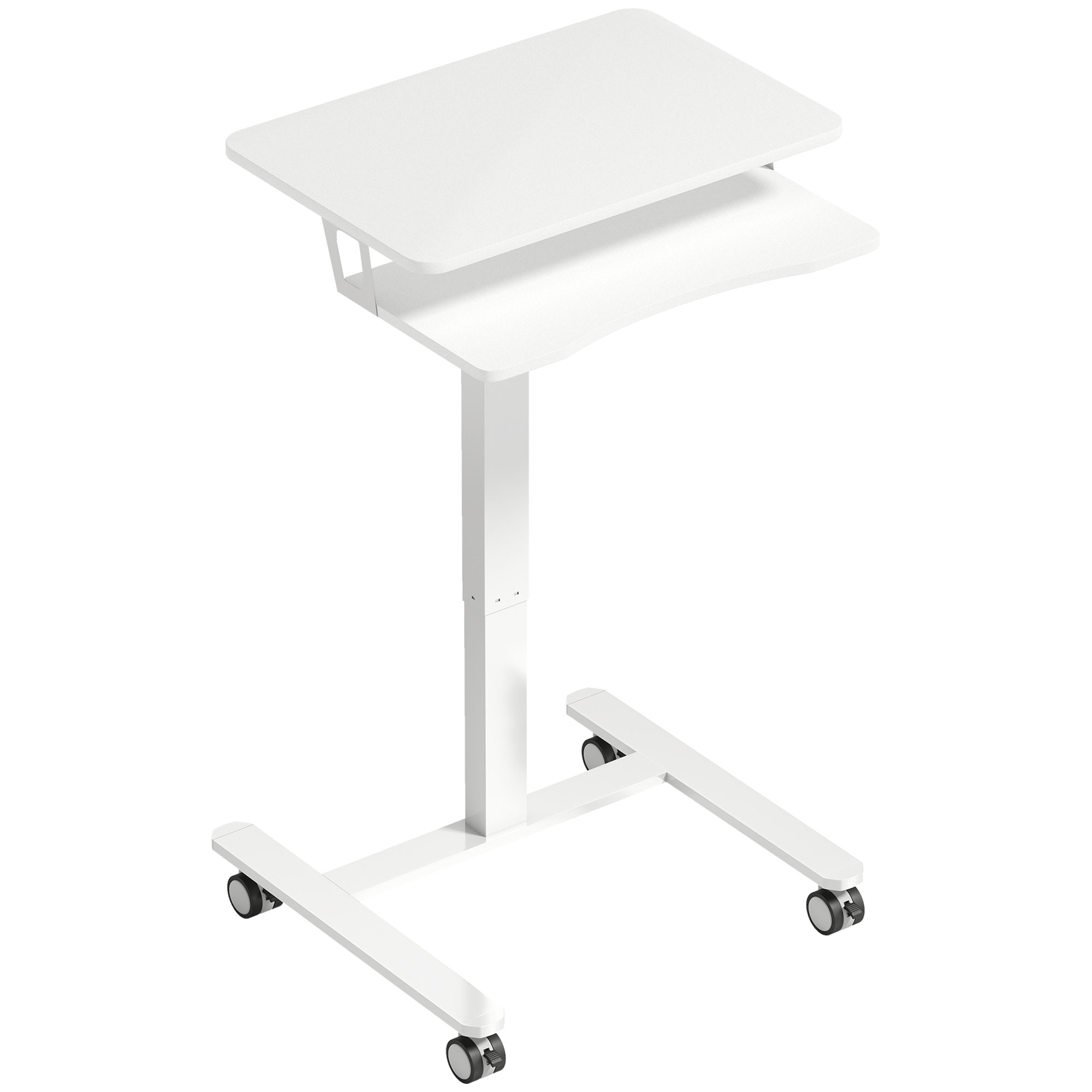Höhenverstellbarer Stehschreibtisch, Rollbarer Sit-Stand-Schreibtisch mit Tastaturablage, Rollen und Stahlrahmen, Weiß
