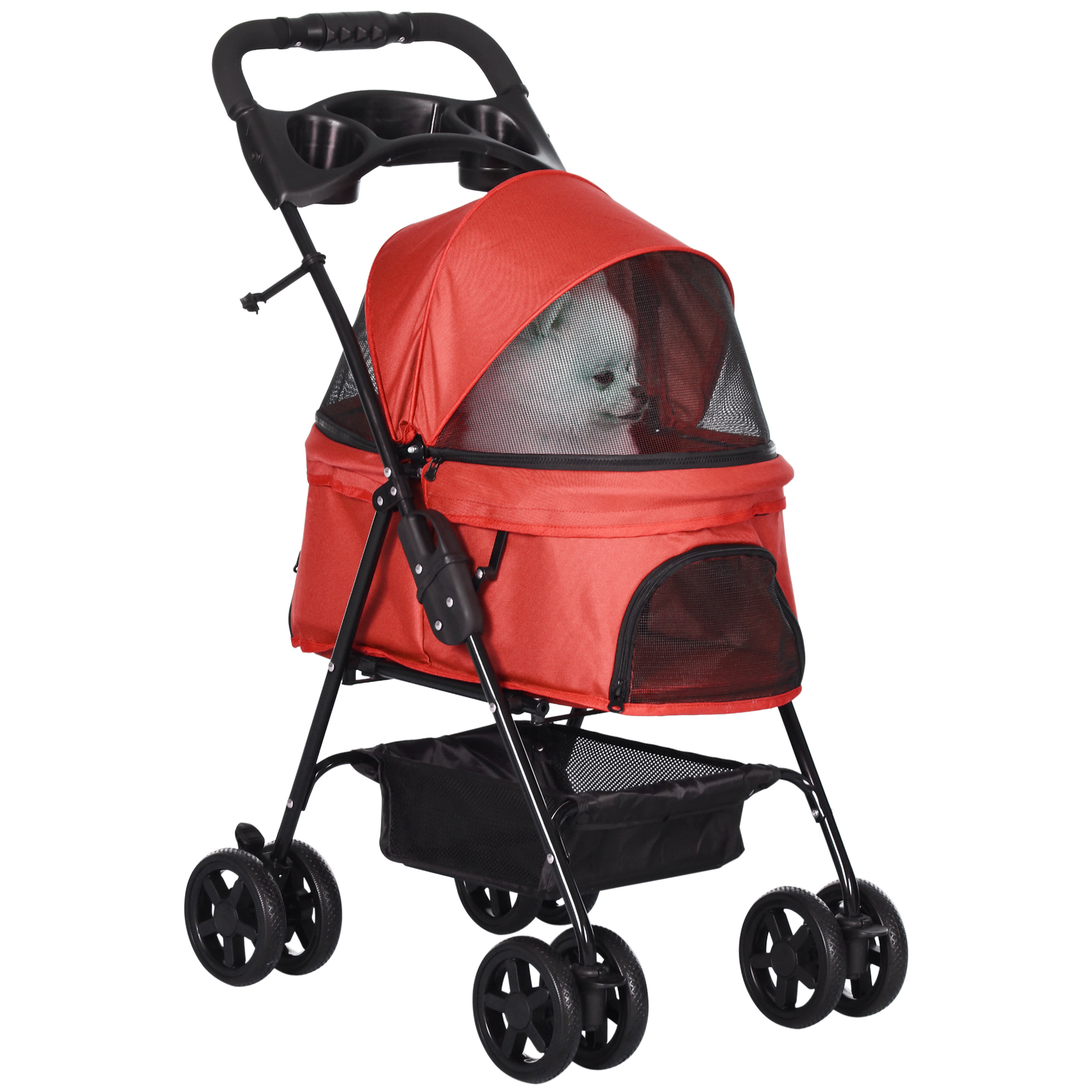 Hundebuggy Hundewagen bis 4 kg Klappbar Netzfenster Bodenkorb Becherhalter abnehmbares Dach rot 67 x 45 x 96 cm