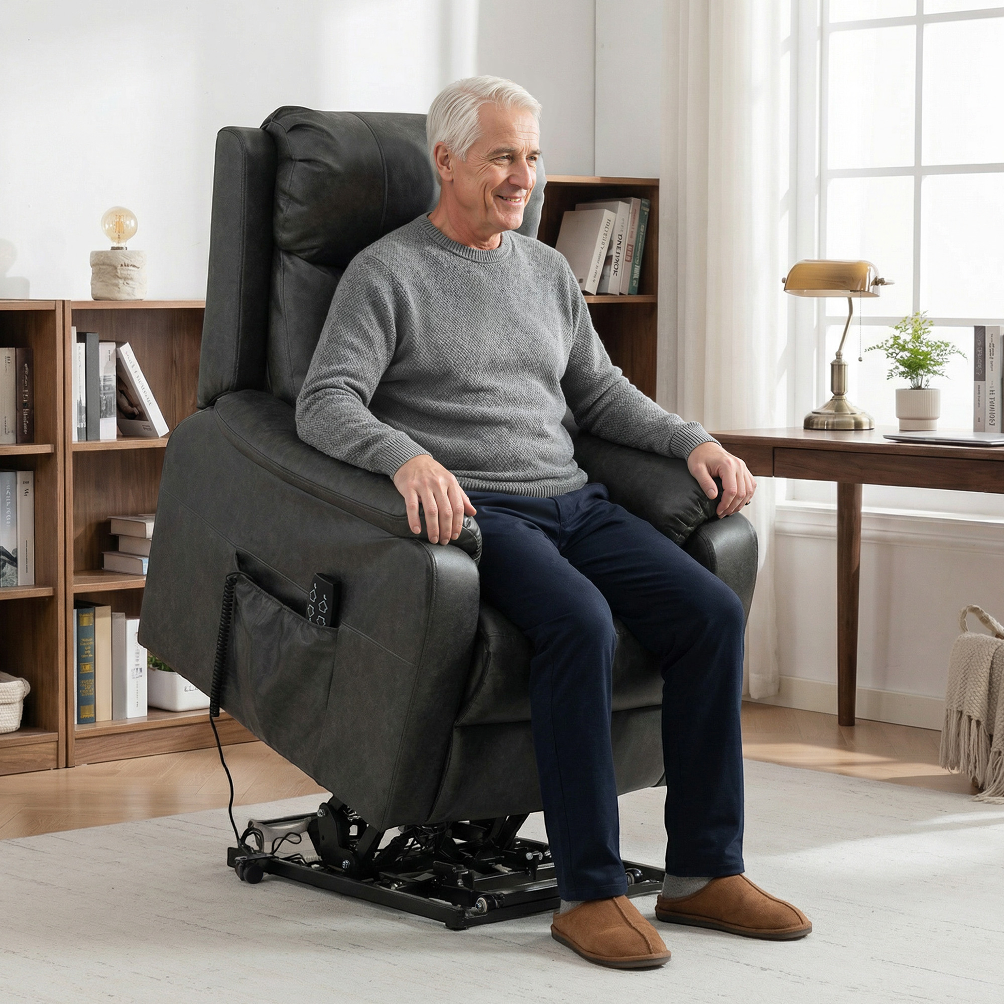 Riser- und Relaxsessel für Senioren, Elektrischer Lift-Sessel aus Kunstleder mit Doppelmotor, Federkissen, Schwarz
