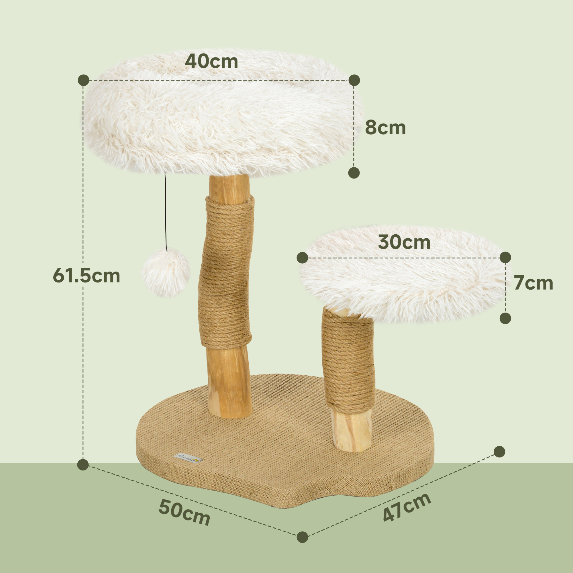 Katzenbaum, 61,5 cm, mit Katzenbett, Kratzpfosten, Sprungplattform, Spielzeugball, für Katzen bis zu 5 kg, Weiß