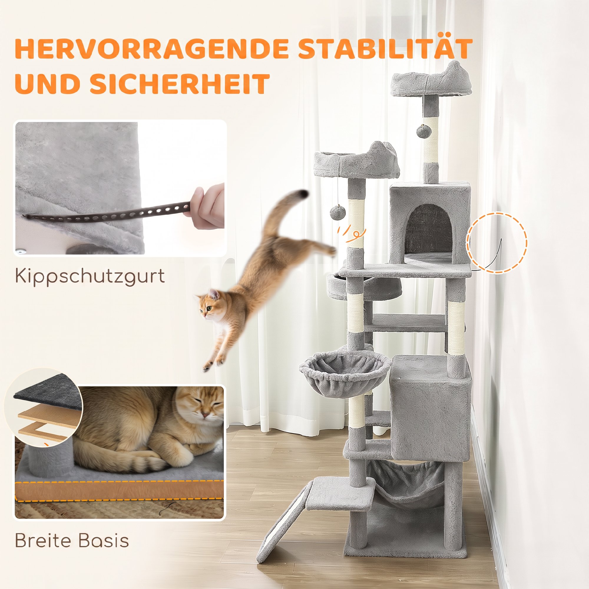 Kratzbaum 192 cm Katzenturm mit Höhle, Sisalstämme, große Plattform, Hängematten Rampe für 2-3 Katzen unter 5 kg