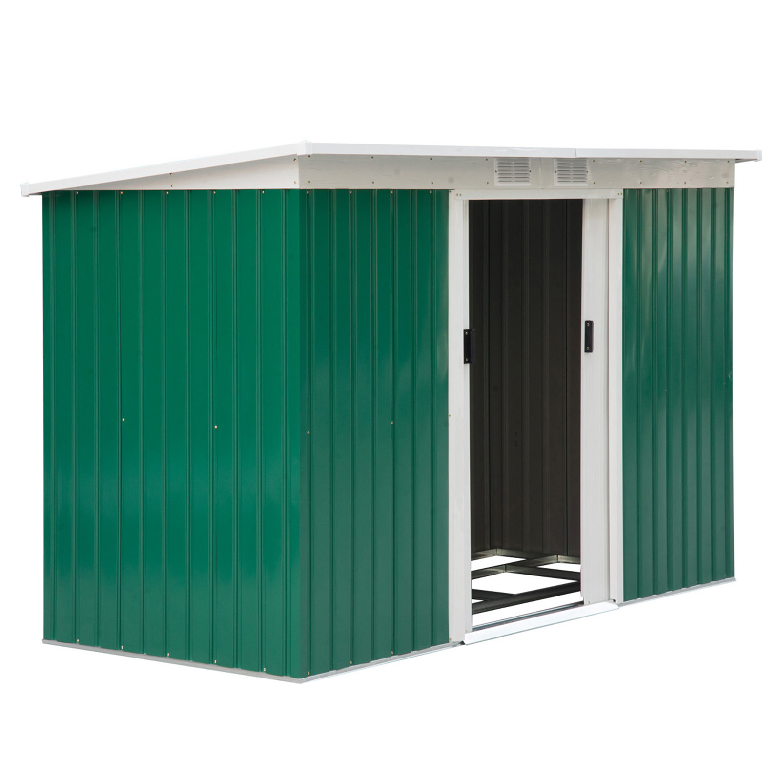 Metall Gerätehaus 6,3m³ 280x130x172cm Geräteschuppen mit Pultdach Schiebetür wetterfest Gartenhaus Outdoor Garten Schuppen Schrank für Hinterhof Außenbereich Anthrazit, Dunkelgrün
