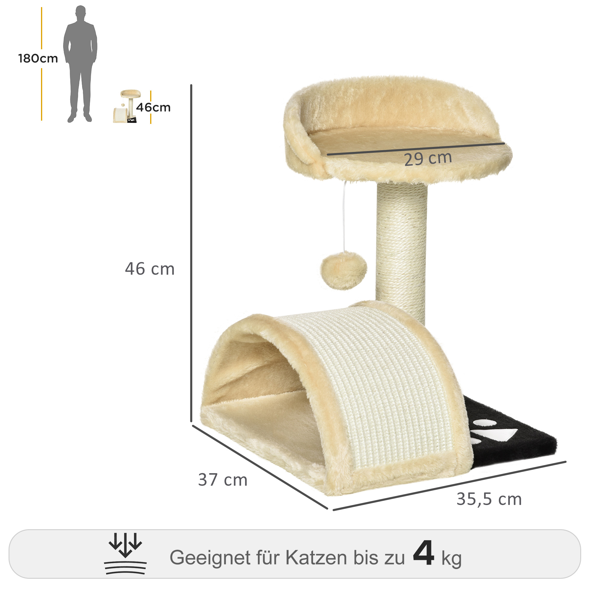 Kratzbaum Katzenbaum mit Spielbällen Katzenkratzbaum Sisalseil-Kratzstangen Beige 35,5 x 37 x 46 cm