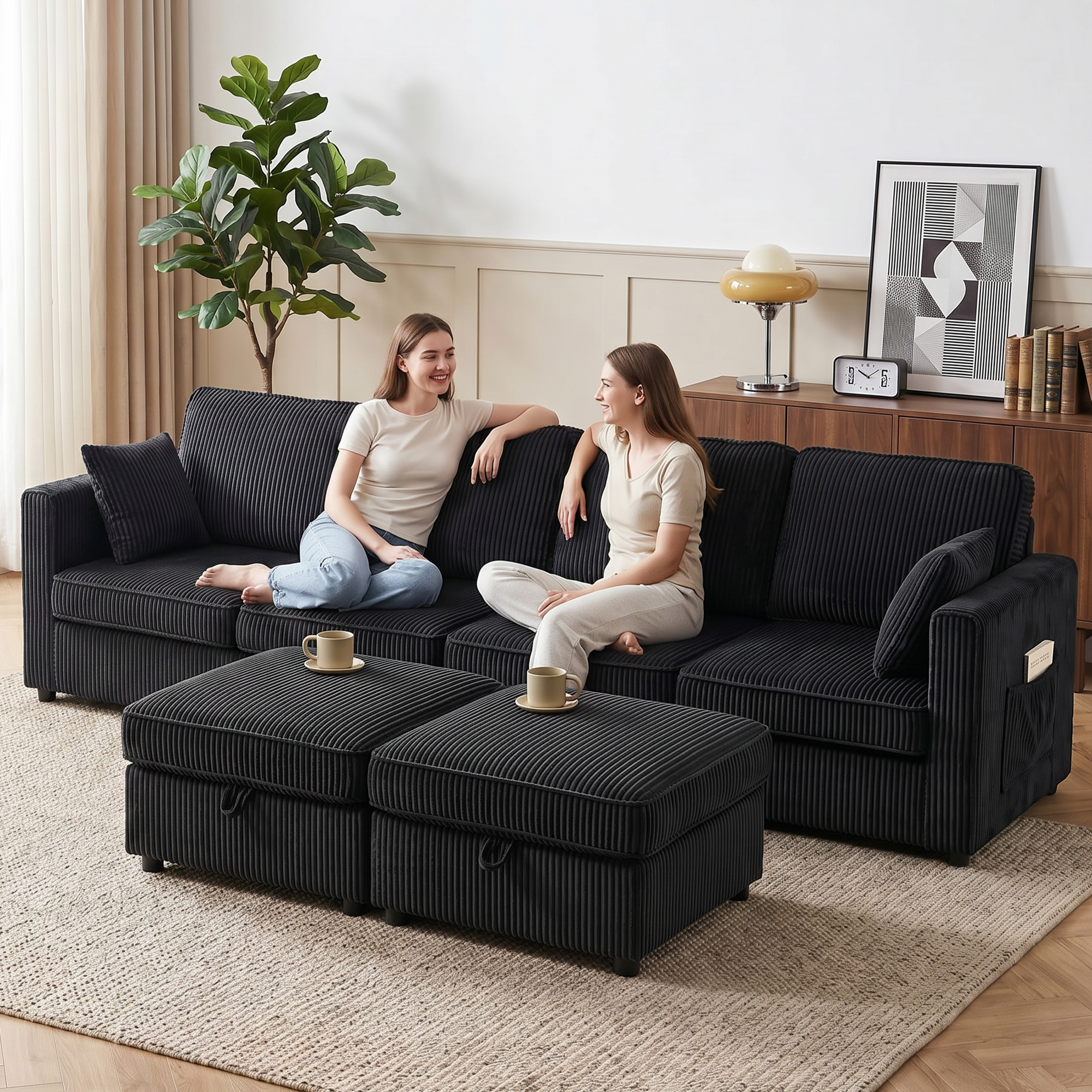Ecksofa 4-Sitzer U-Form Sofa mit Stauraum-Ottomane, 306 cm Eckcouch mit Cord-Optik, 4 Kissen, für Wohnzimmer