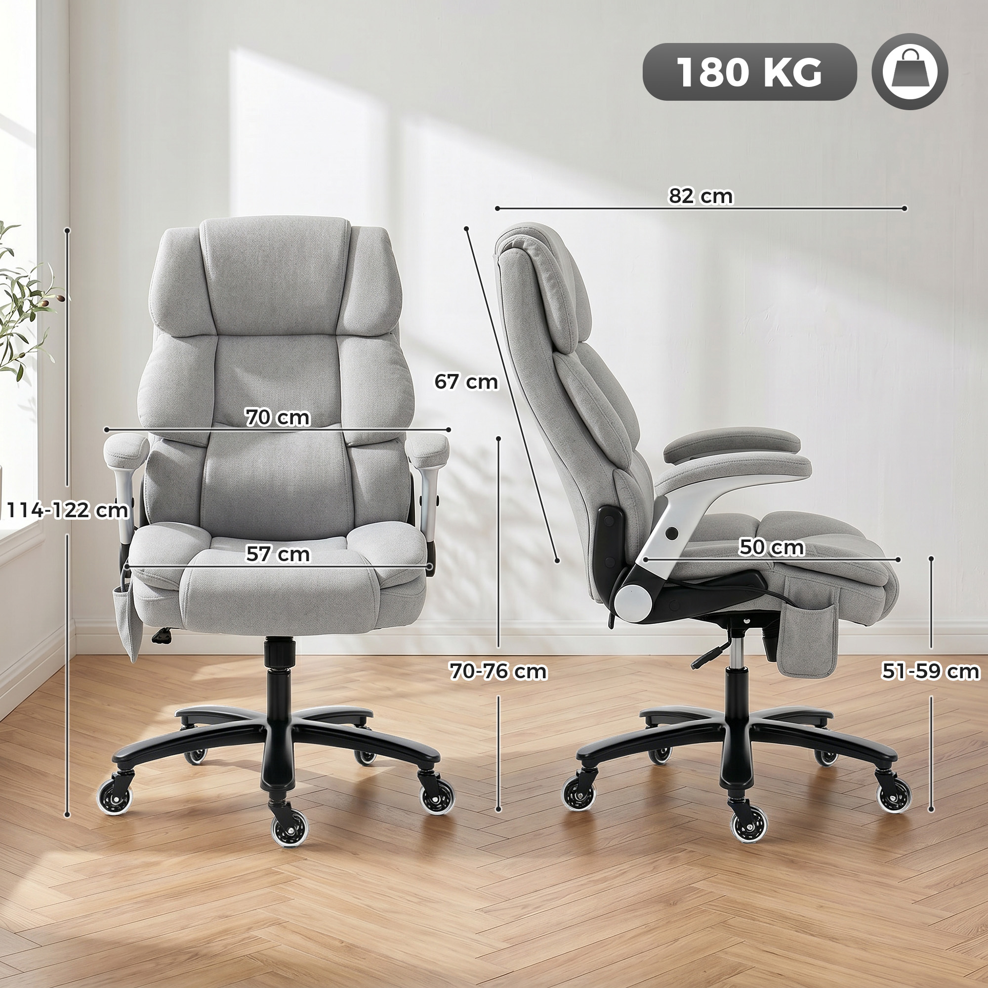 Bürostuhl mit Airbag-Lendenstütze, Schreibtischstuhl mit hochklappbaren Armlehnen, Taschenfedern, Hellgrau
