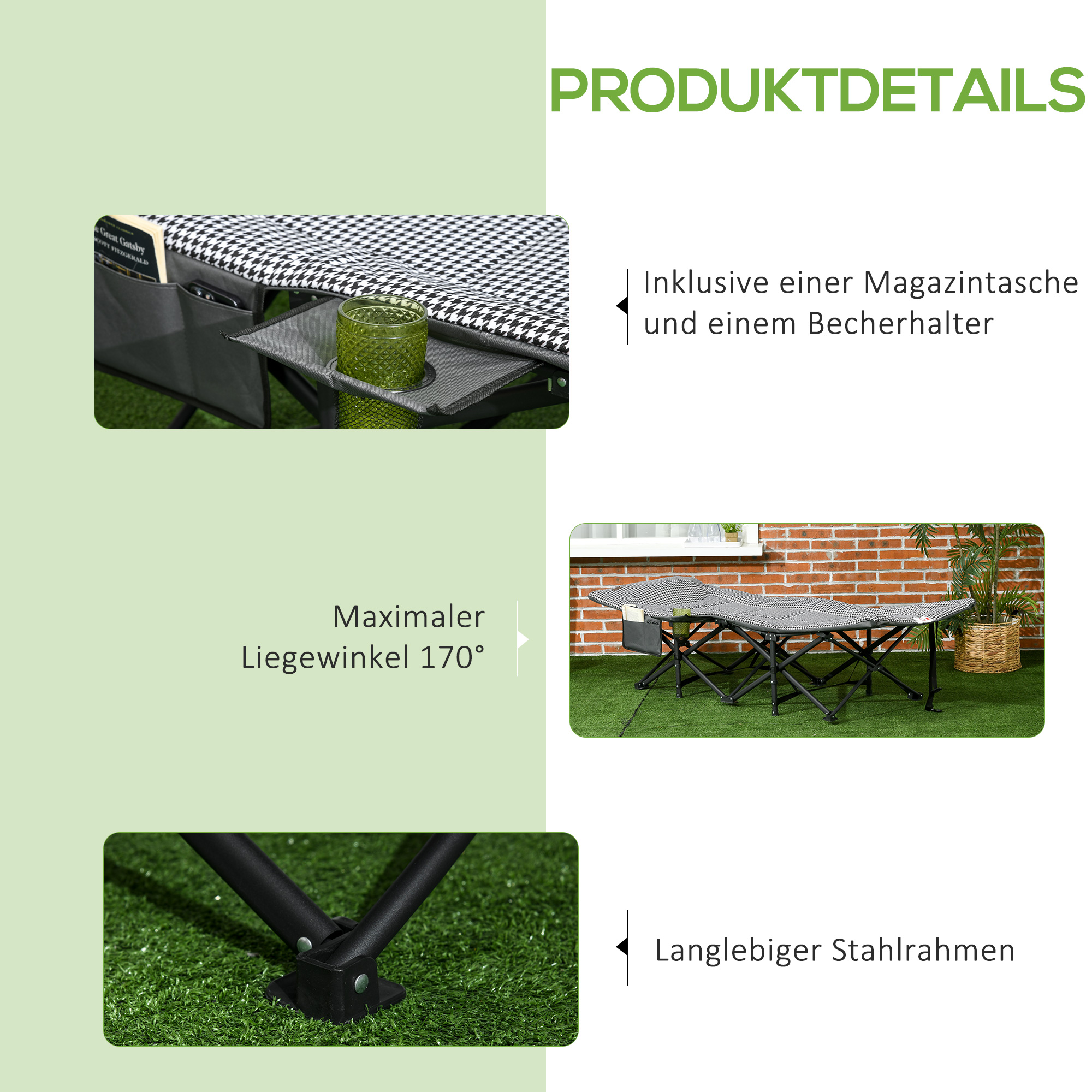 Sonnenliege, klappbar, 1 Seitentasche, 1 Getränkehalter, 68 cm x 186 cm x 48 cm, Schwarz + Weiß