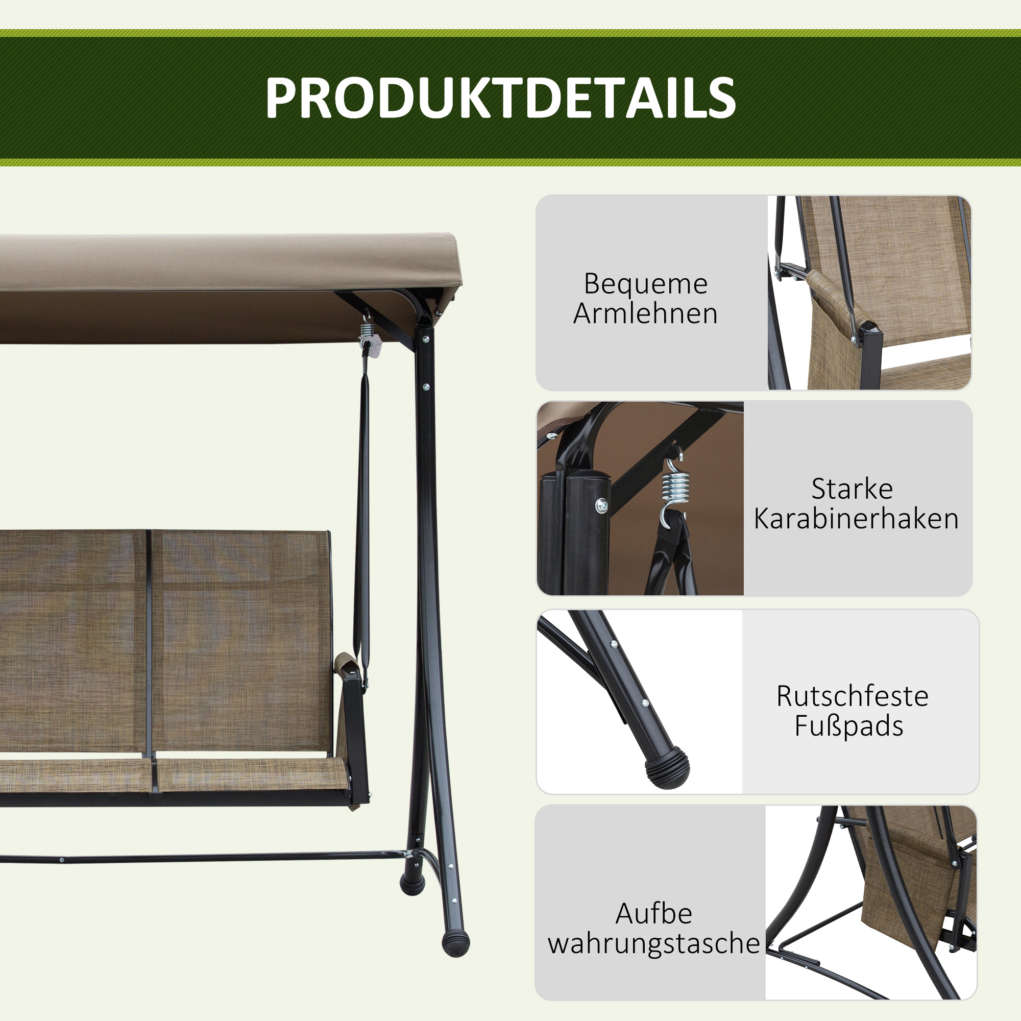3-Sitzer Hollywoodschaukel, Gartenschaukel mit Sonnendach, Schaukelbank mit Ablage, Aluminium, 196 x 128 x 172 cm, Braun