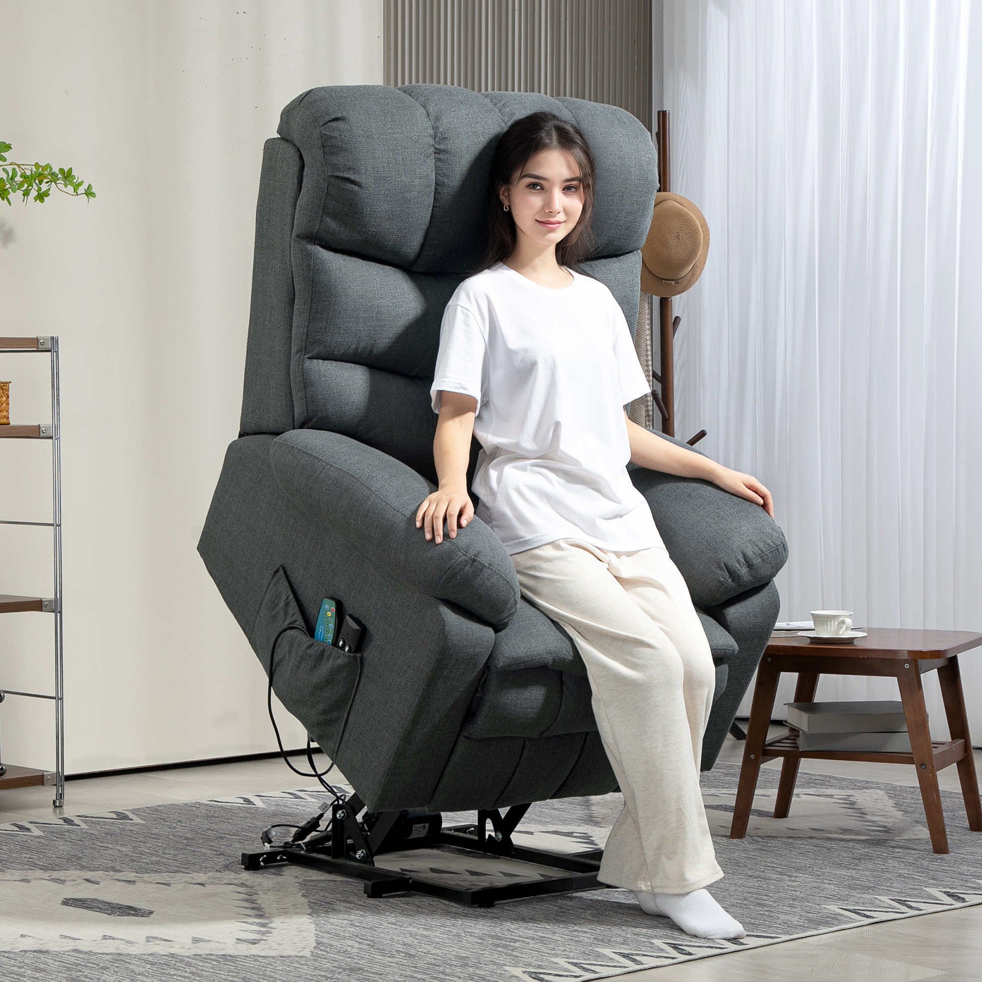 Aufstehsessel, elektrischer Liegesessel mit Massagefunktion, Polstersessel mit Aufstehfunktion, Metall, Stoff, Grau