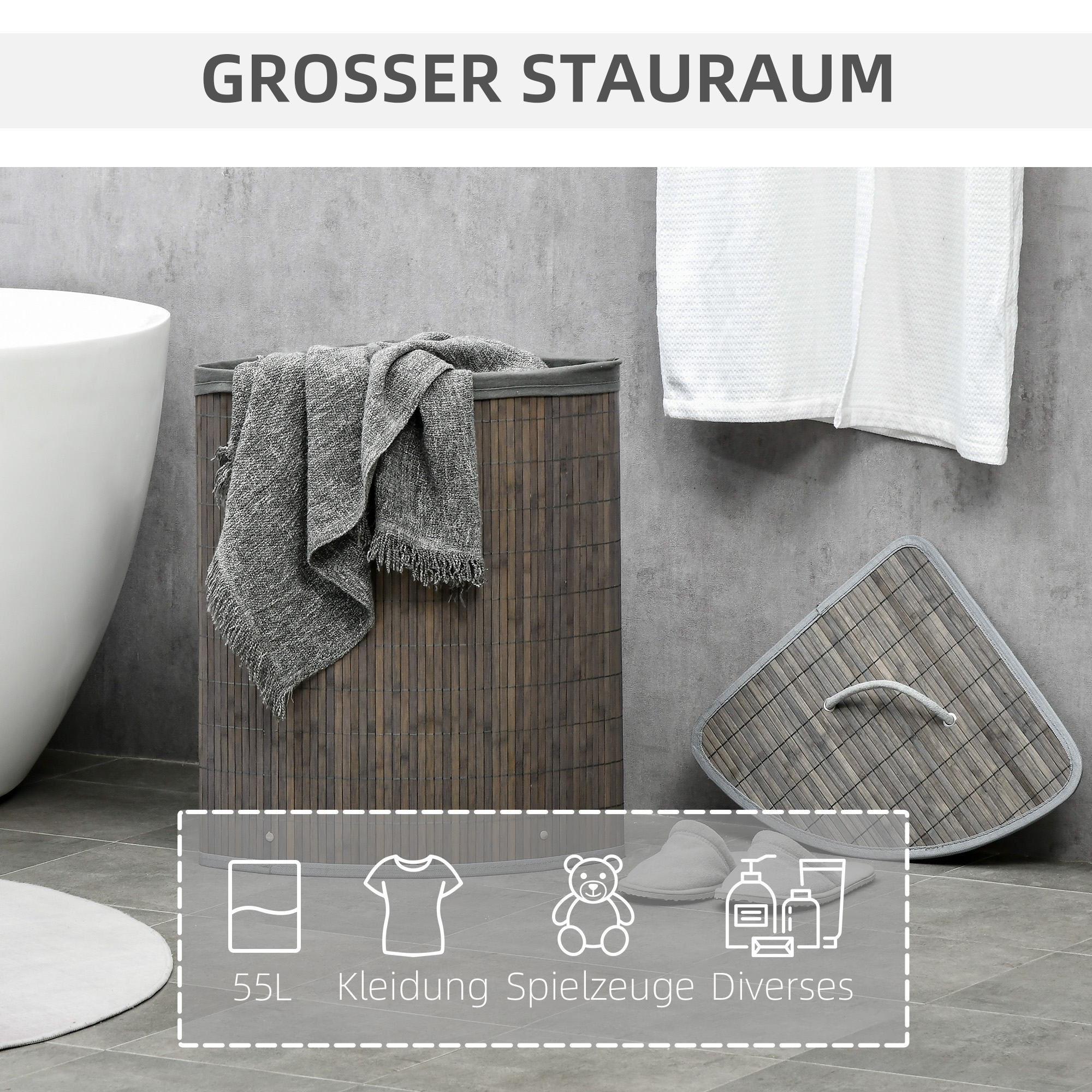 55 L Wäschekorb mit Deckel, Griff, Wäschesortierer mit herausnehmbarem Wäschesack für Badezimmer, Bambus, Grau