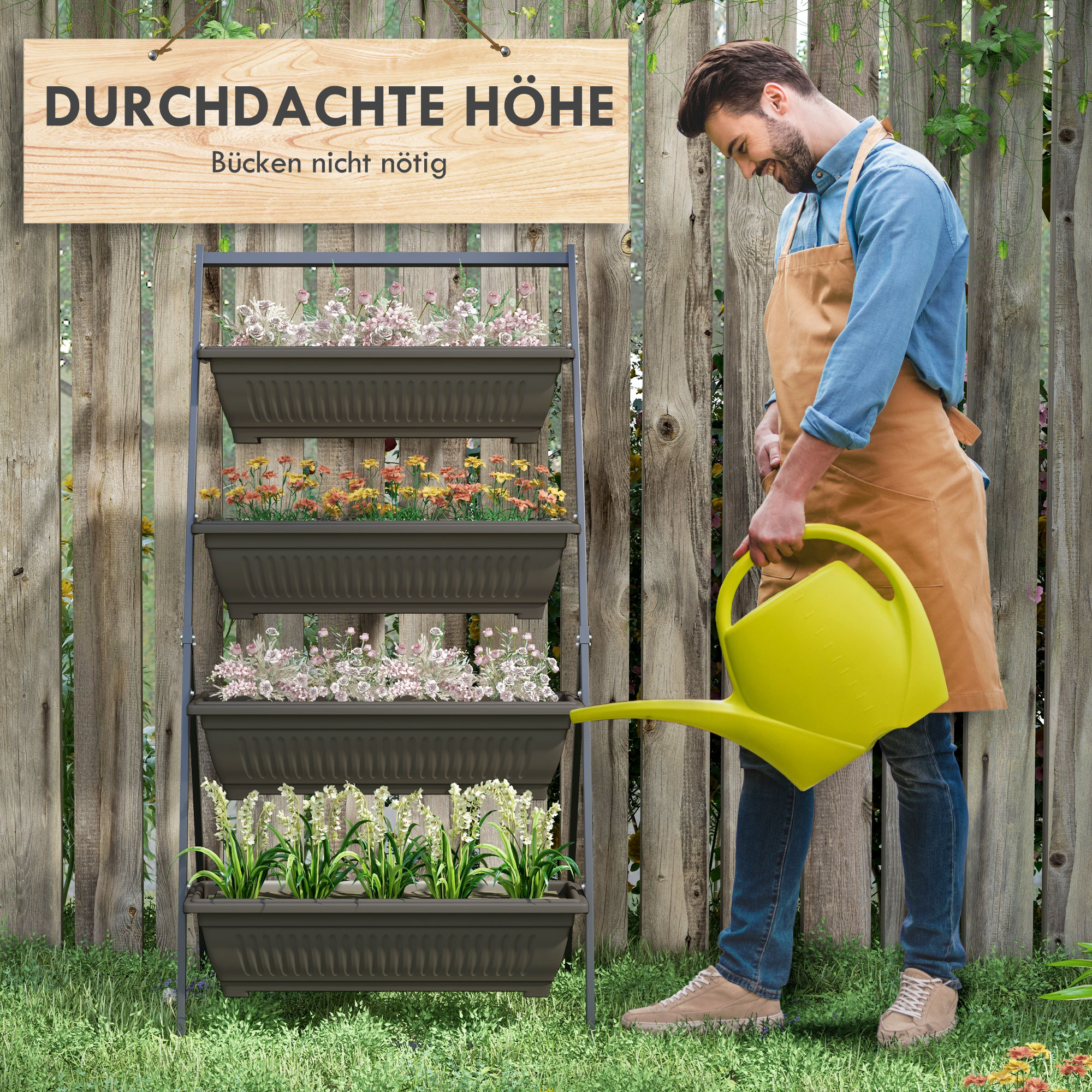 Pflanzentreppe Blumentreppe Pflanzenregal, stapelbar, wetterbeständig, 76 cm x 79 cm x 162 cm, Braun