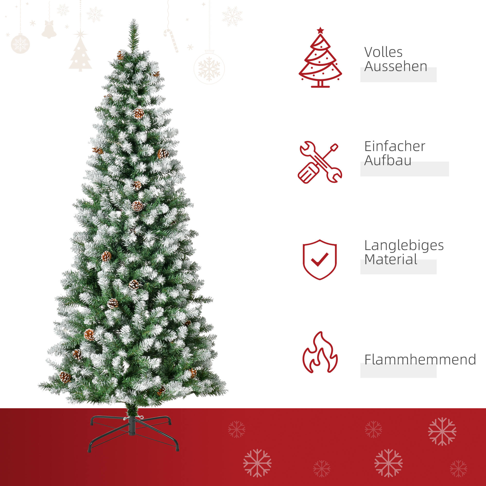 Weihnachtsbaum, 630 Zweige, 37 Zapfen, verschneite Spitzen, feuerfest, 180 cm