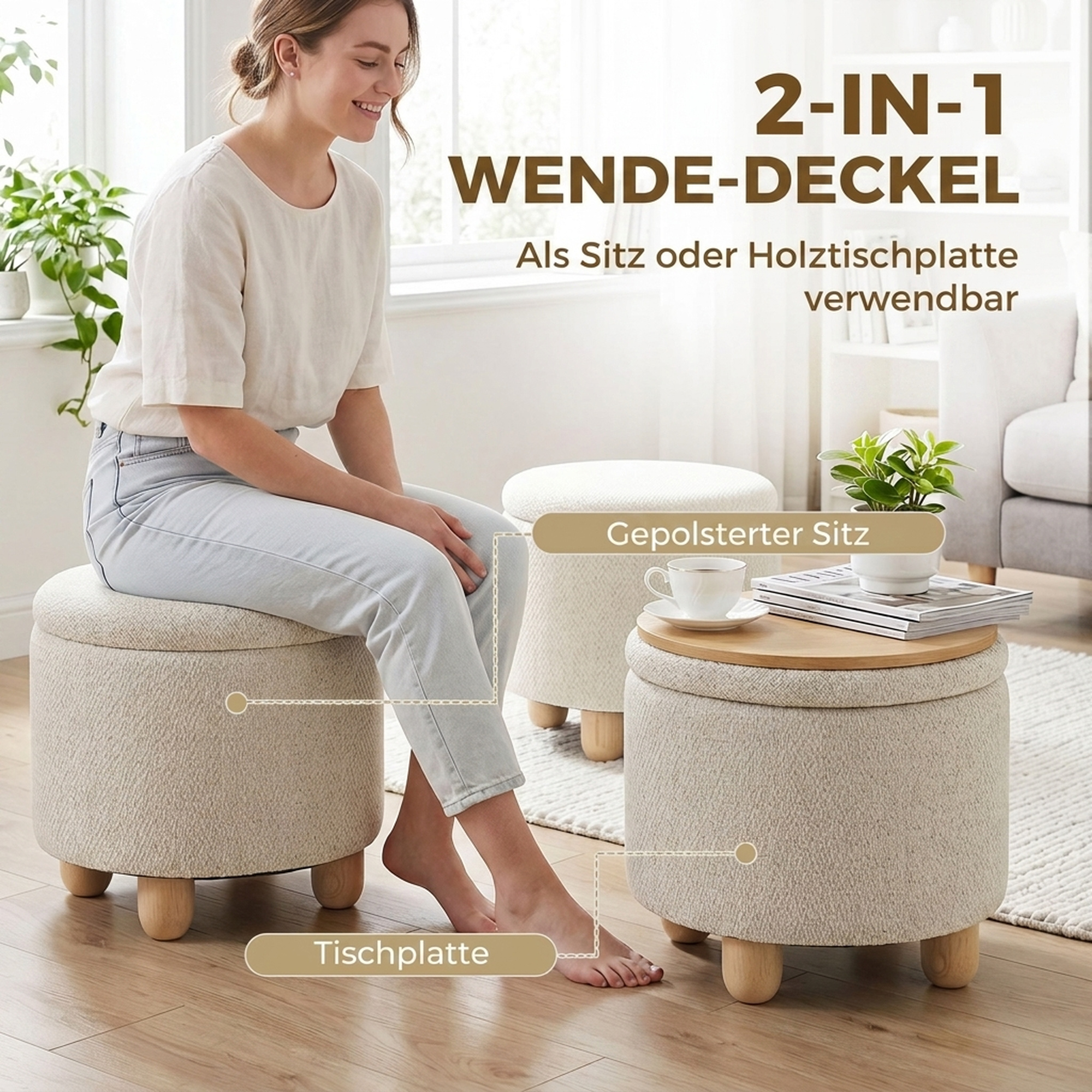 Hocker mit Stauraum, Runder Sitzhocker mit Deckel, Leinenoptik für Wohnzimmer, Schlafzimmer, 38,5x38,5x33,5 cm Beige