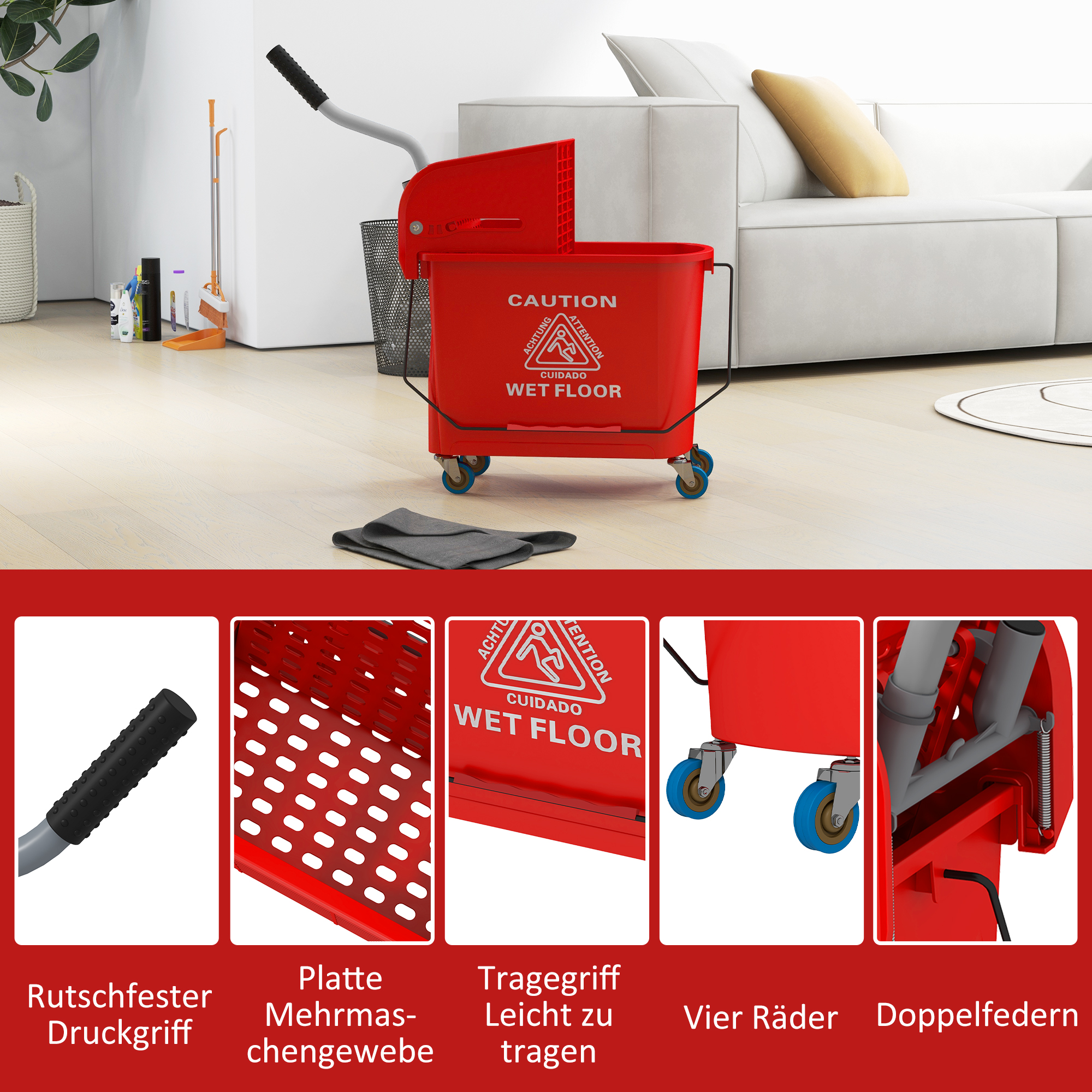 20l Mopp-Eimer mit Auswringer und Griff, Wischmopp-Eimer auf Rädern, Kunststoff, Rot