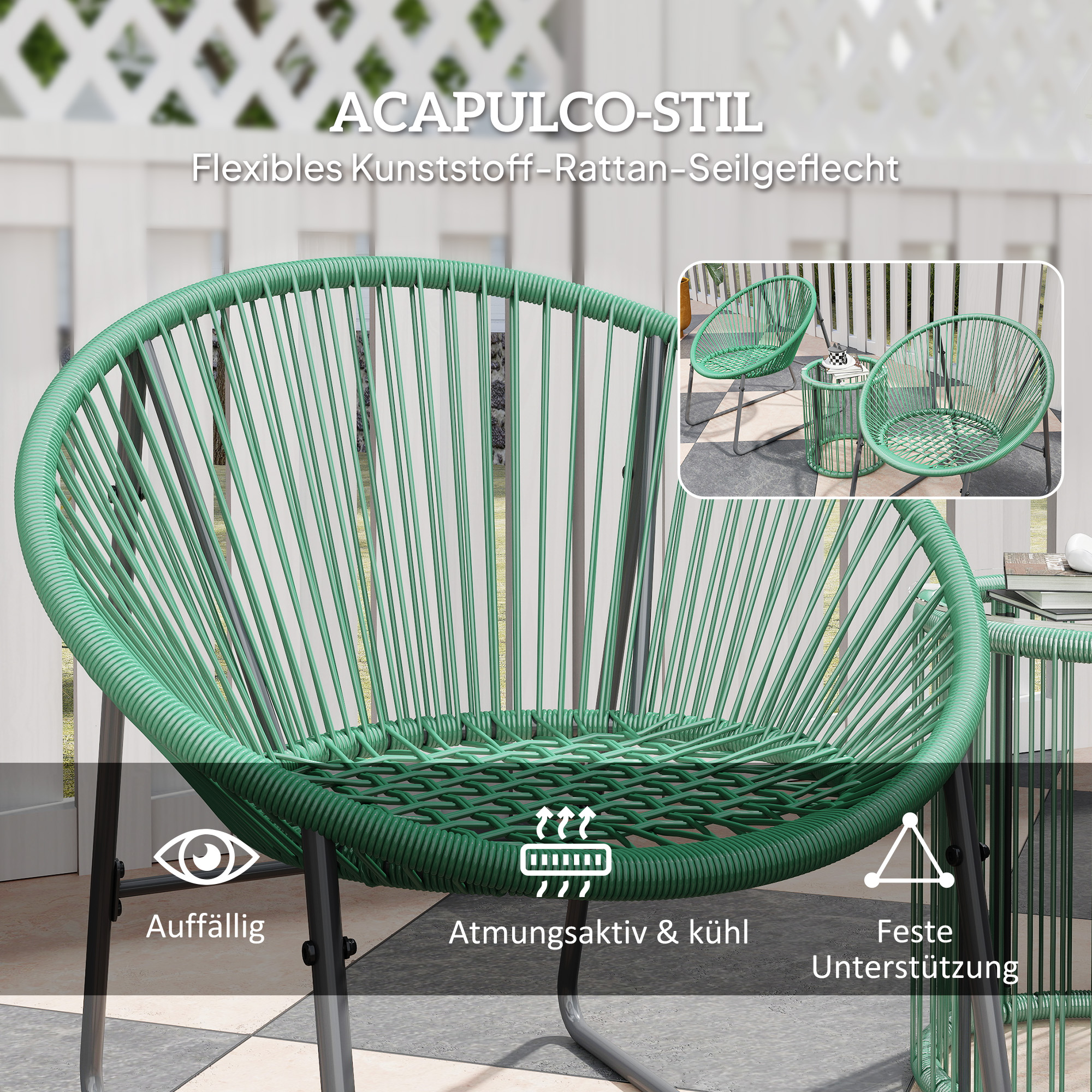 3-teiliges Outdoor-Möbelset, 1 Tisch, 2 Stühle, Glastischplatte, Kunststoff-Rattan um Stahlrahmen, weiche Kissen, Grün