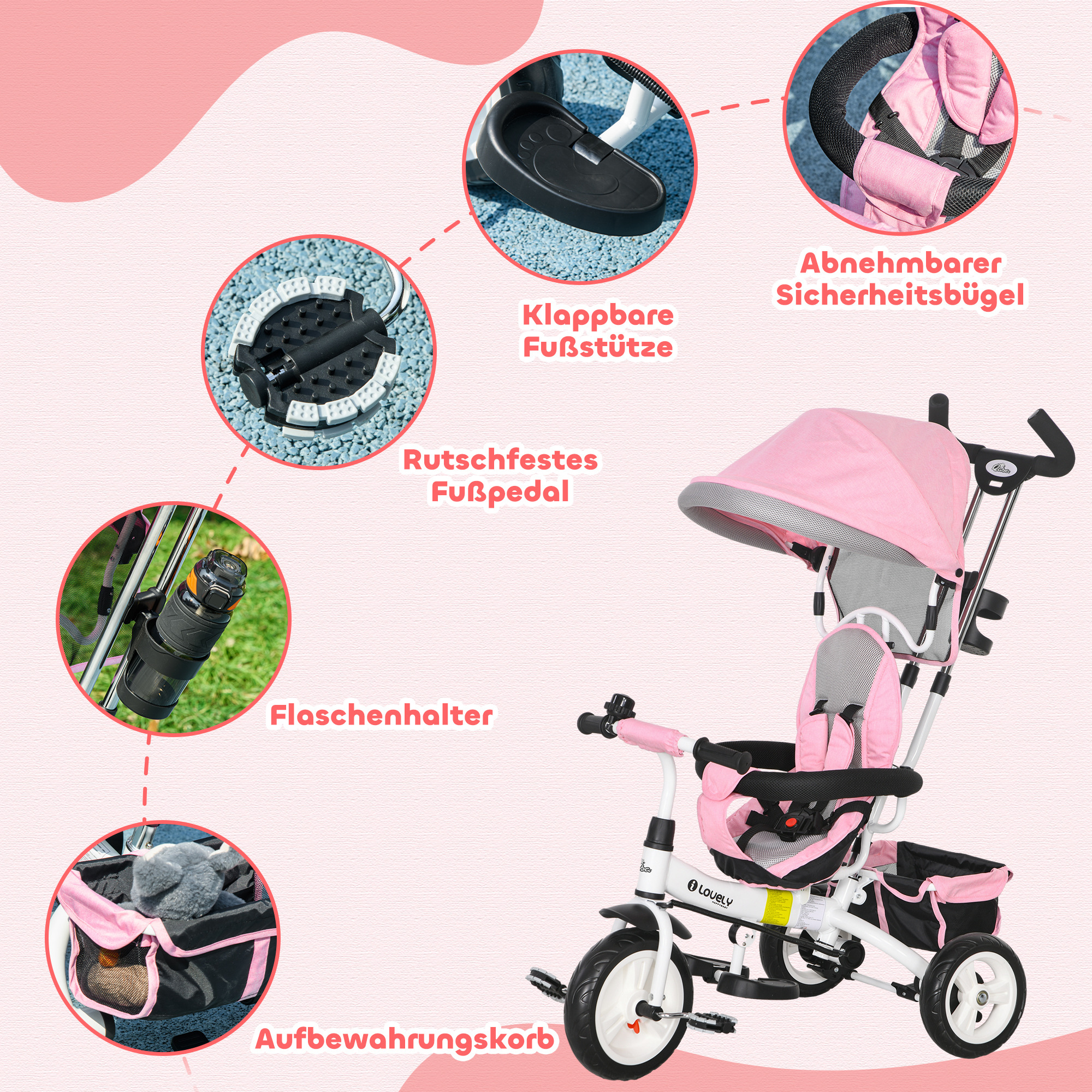 6-in-1 Kinderdreirad mit Schiebestange, Dach, Gurt, Ablagekorb, für 1-5 Jahre, Rosa