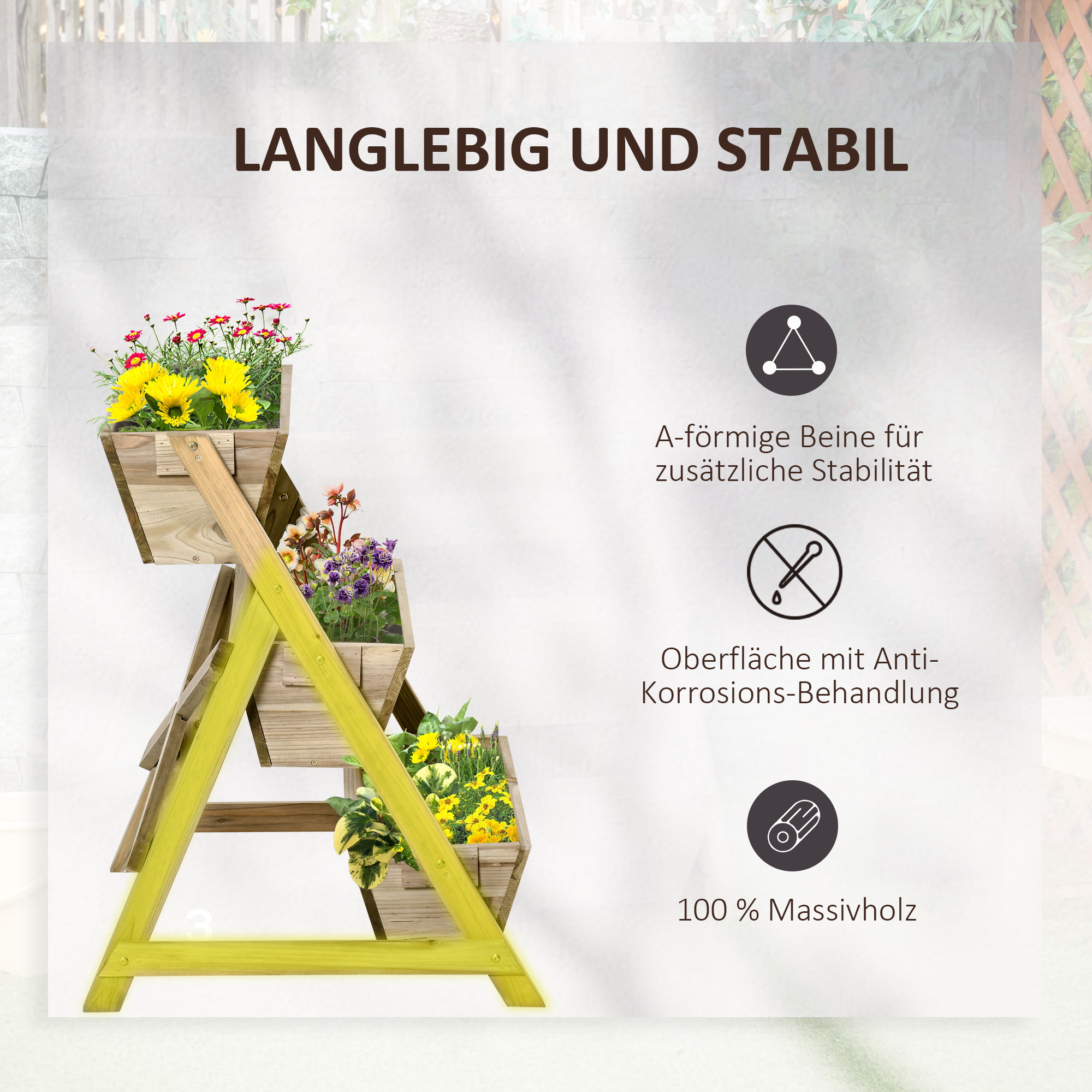 Hochbeet Blumentreppe Holz Blumenleiter mit 3 Ablagen Pflanzentreppe Pflanzregal Pflanzenständer Blumenregal Blumenständer Natur 71 x 61 x 77 cm