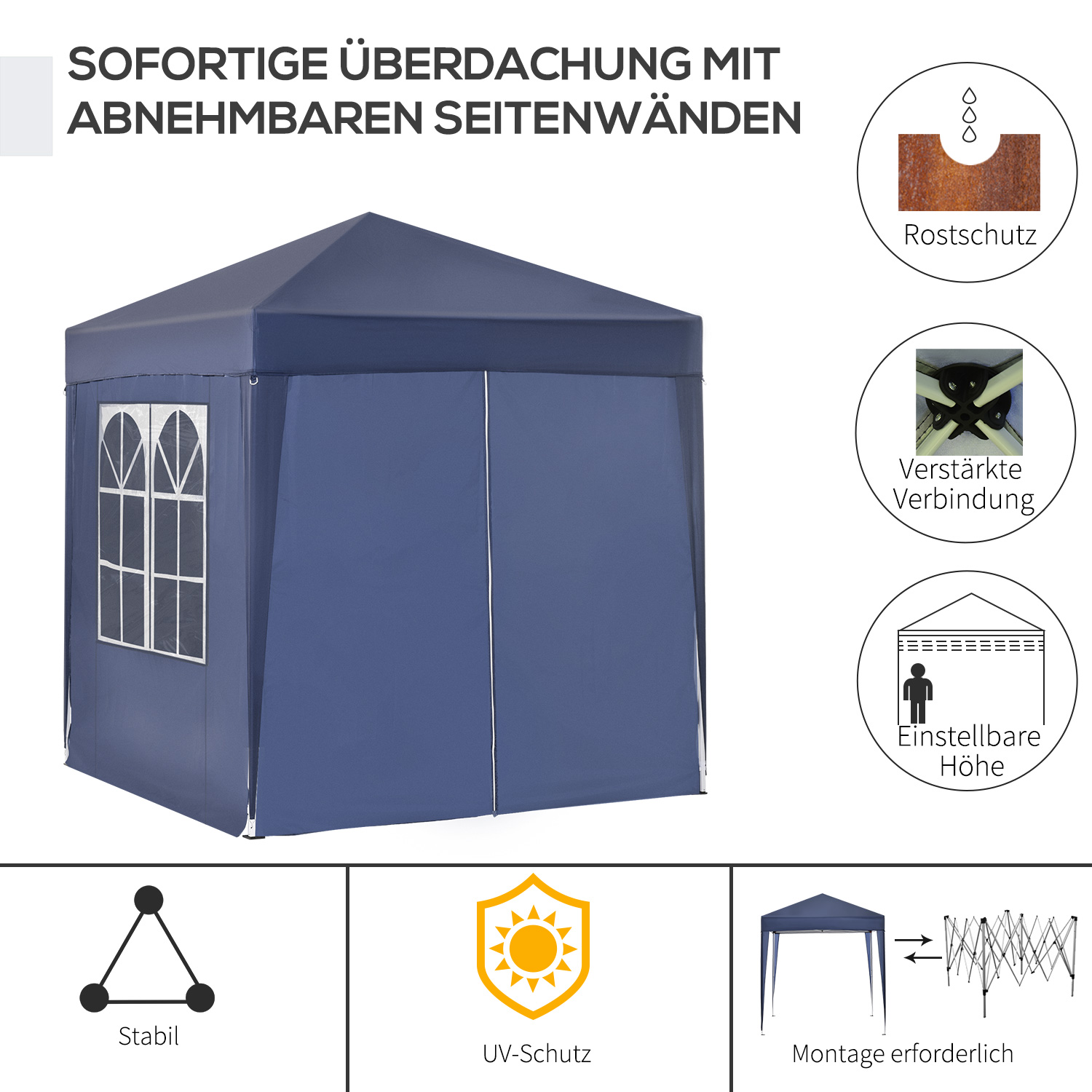 Faltpavillon, Bierzelt, 4 abnehmbare Seitenwände, 2 Fenster, Metallrahmen, 2 x 2m, Blau