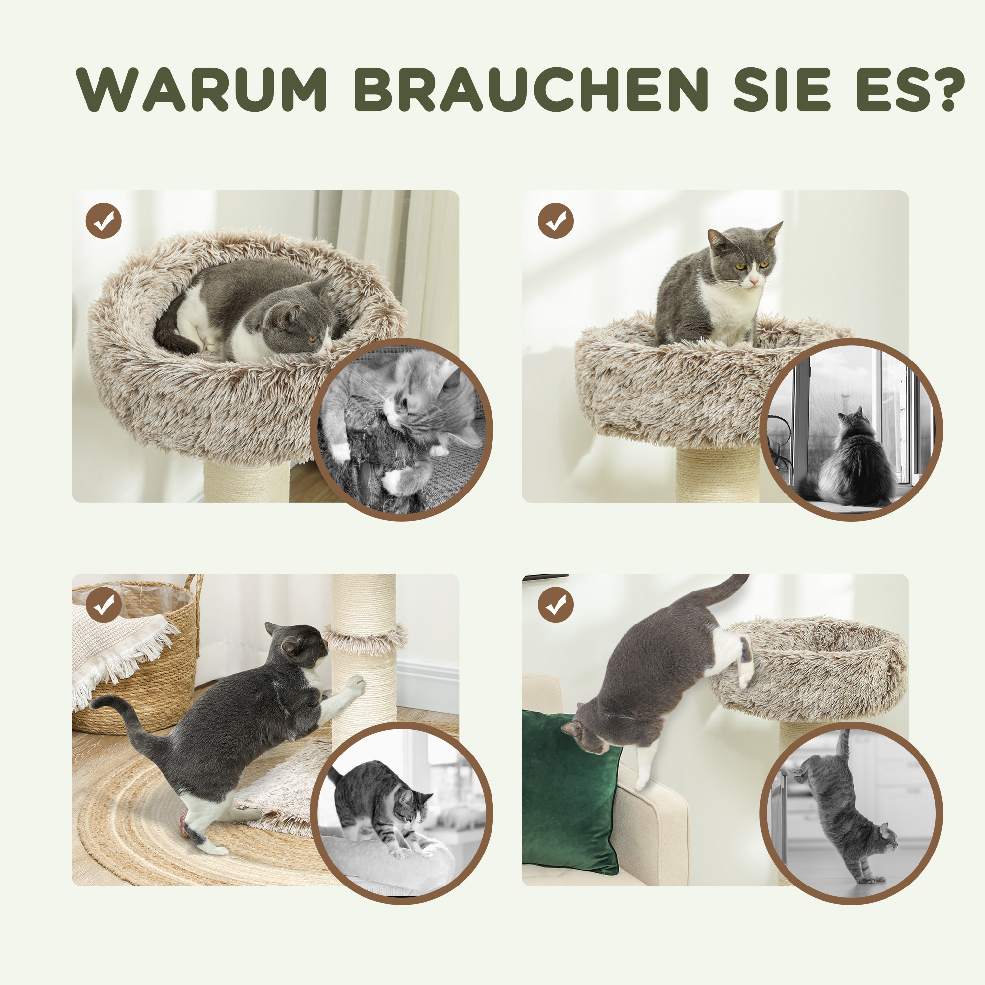 Katzenbaum, 87 cm, Katzenturm mit dickem Kratzpfosten, Plüschbett, für den Innenbereich, trägt bis zu 6 kg, Braun