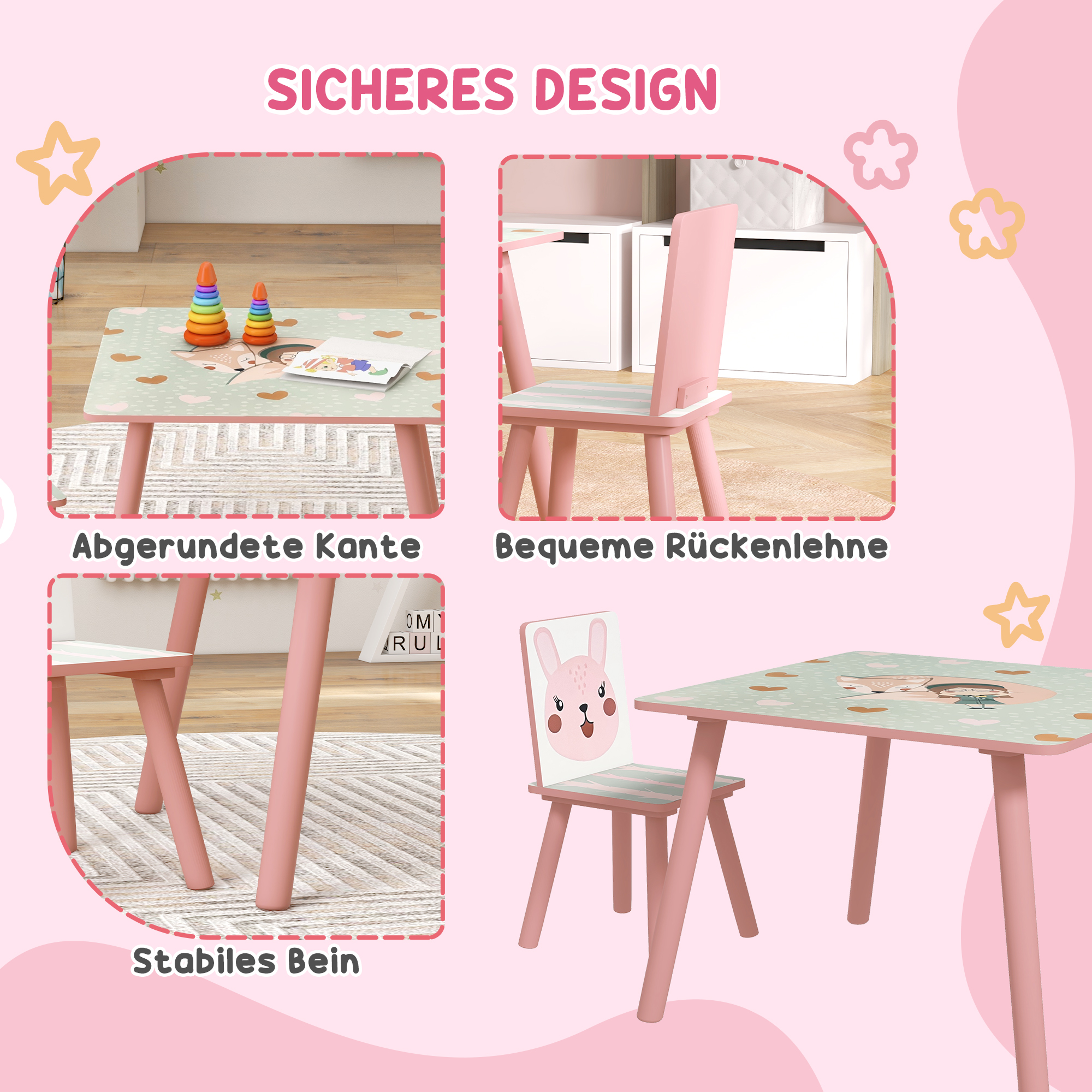 Kindersitzgruppe aus Kiefernholz, Tisch mit 2 Stühlen, Tiermotiv, Kinderzimmer, 3-8 Jahre, Rosa