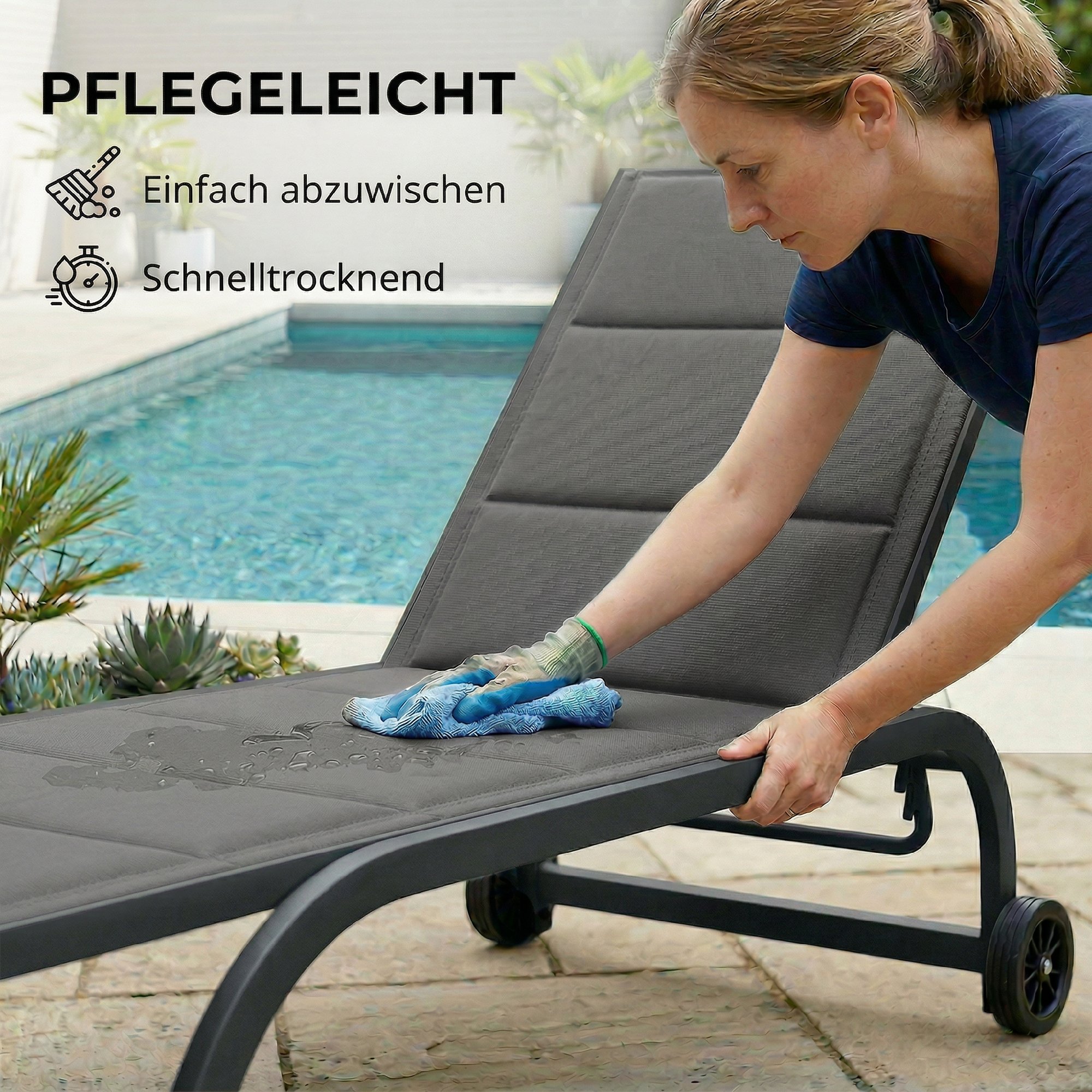Sonnenliege Atmungsaktive Gartenliege mit 6-fach Verstellbar Rückenlehne Rädern Aluminiumrahmen Dunkelgrau
