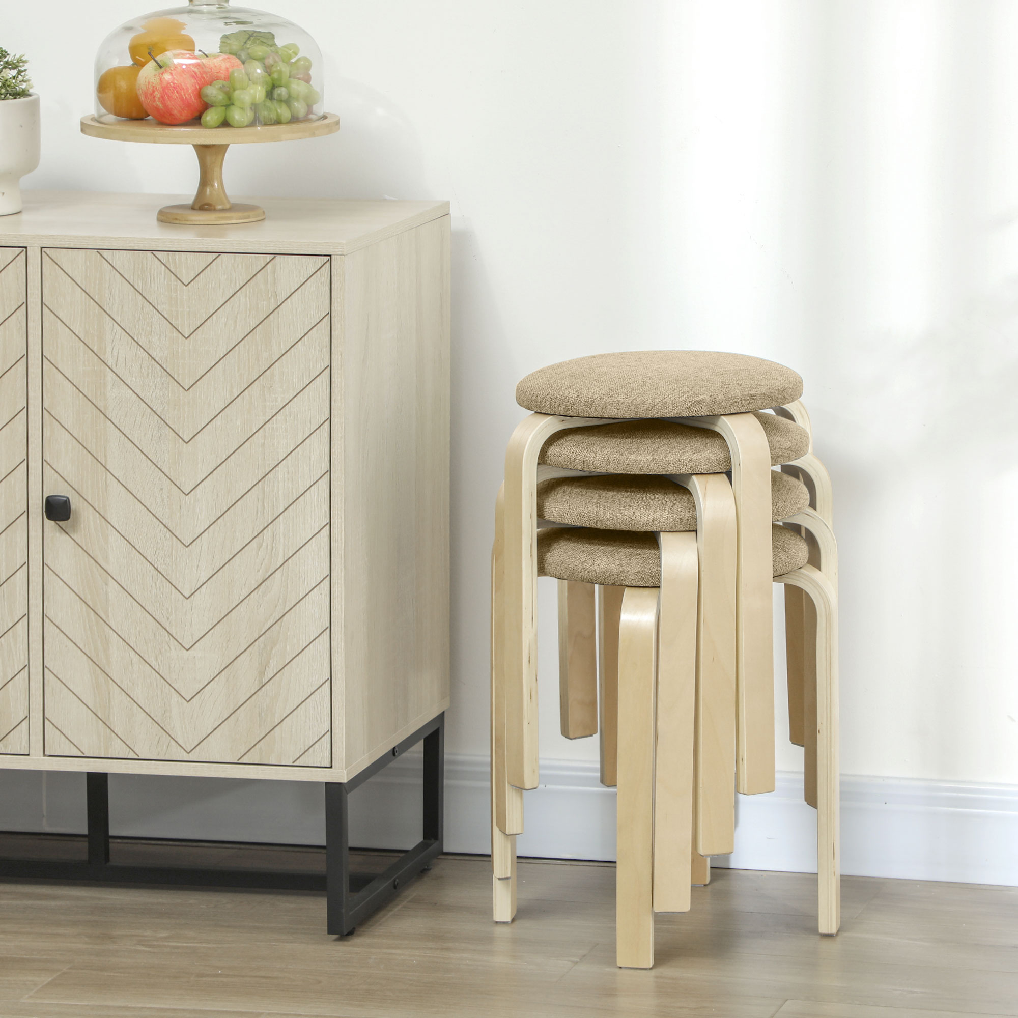 Polsterhocker im 4er-Set, stapelbar, lackierte Oberfläche, Holzbeine, Khaki