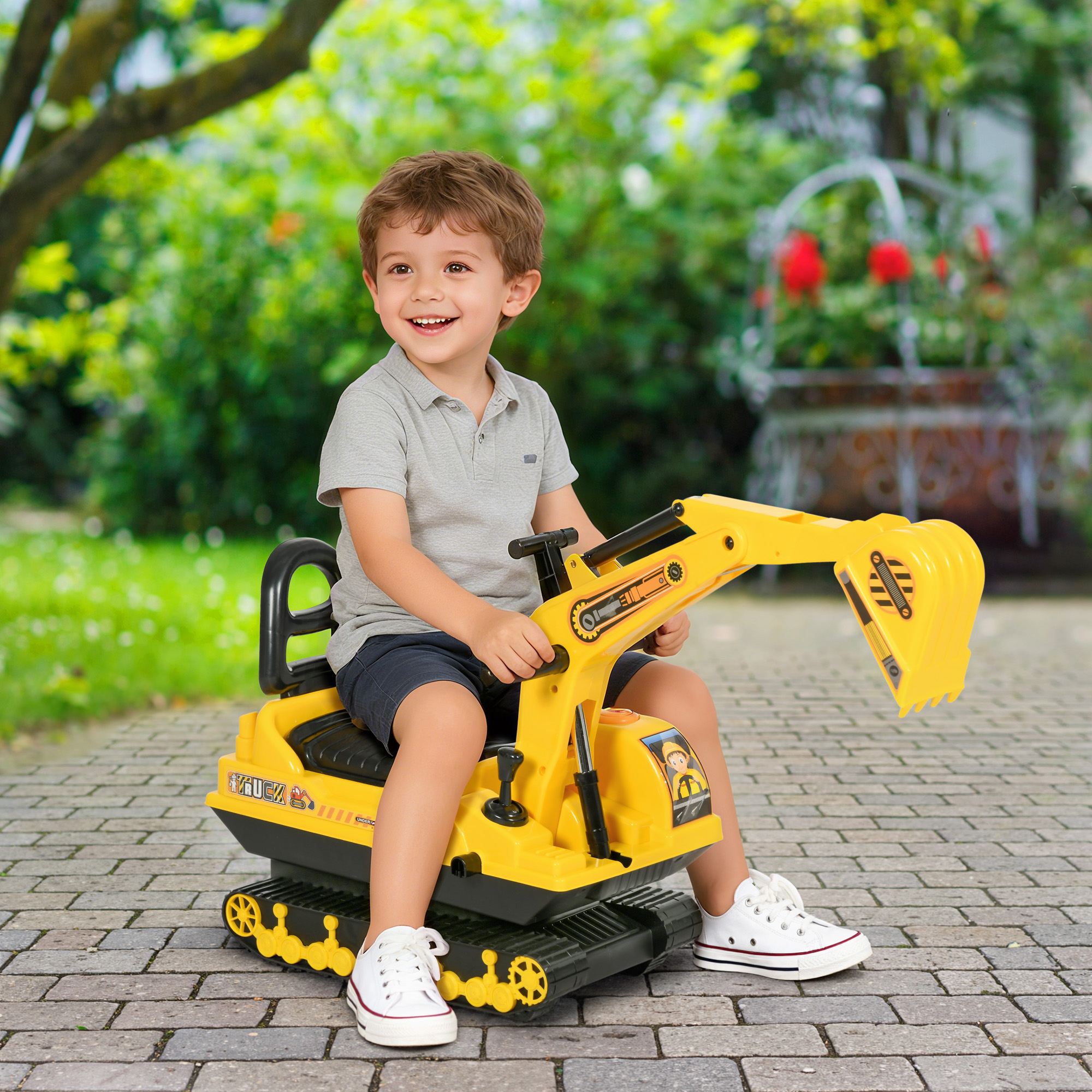 Sitzbagger Aufsitzbagger mit Schaufel Hupe, Kinderbagger mit Stauraum unter Sitz, Rutschauto Baggerfahrzeug zum Sitzen bis 30kg, Draufsitzen Sandbagger für Kinder 1,5-4 Jahre Gelb