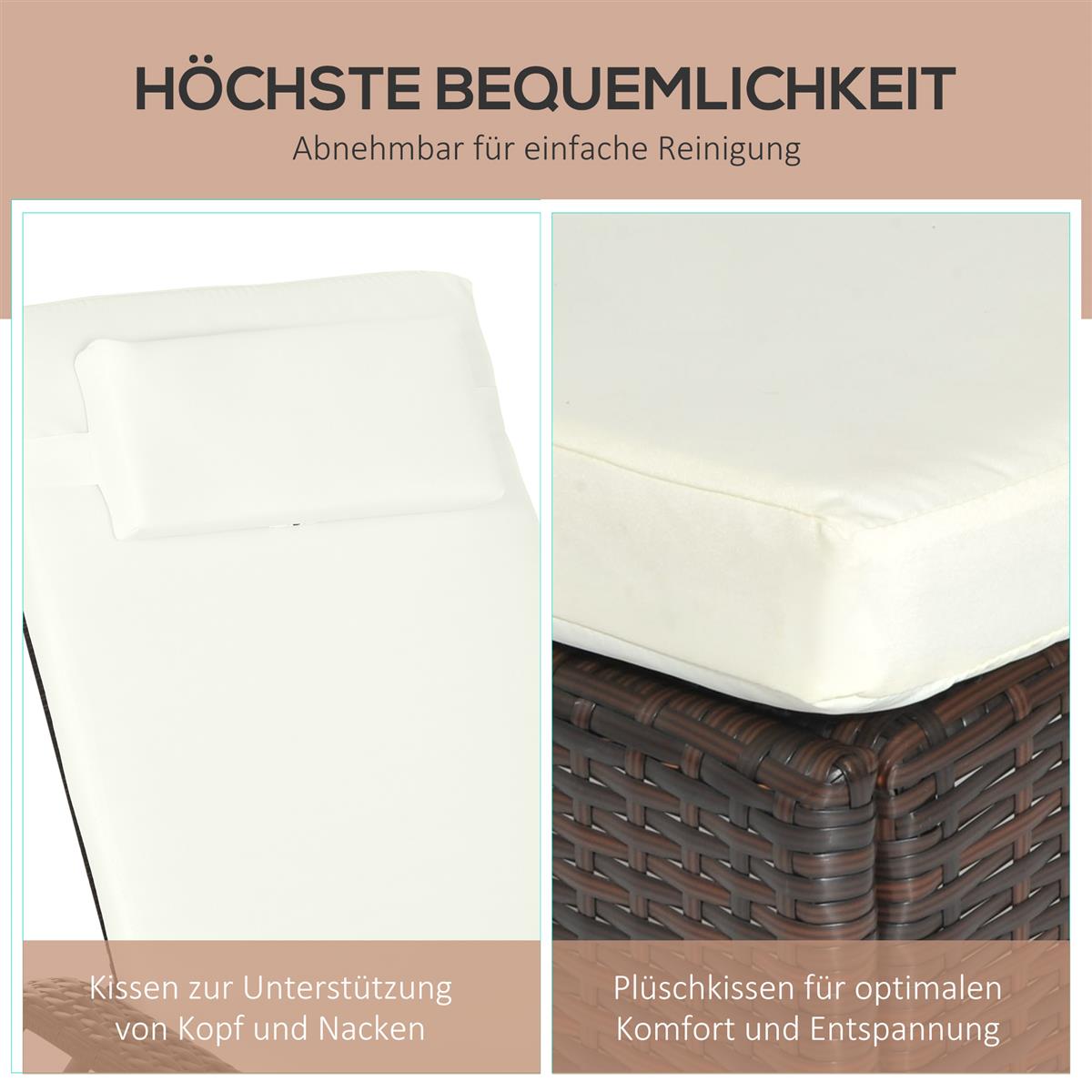 Sonnenliege Polyrattan Gartenliege mit 5-Fach verstellbarer Rücklehne, Polsterauflage, Rollen, Kissen, 160 kg belastbar Relaxliege Liegestuhl für Garten, 200x73x30-103cm, Kaffeebraun