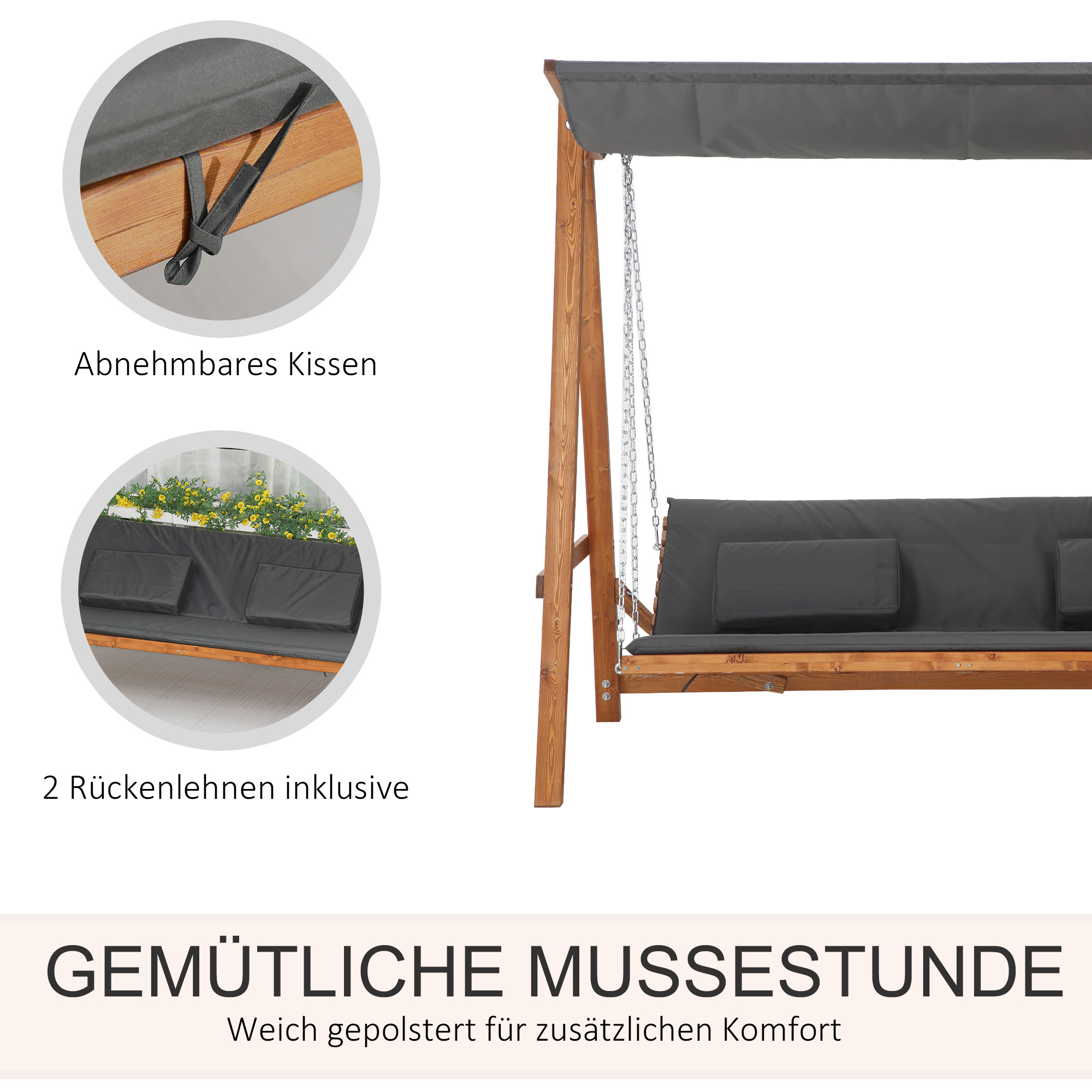 Hollywoodschaukel mit Bettfunktion 3-Sitzer Gartenschaukel Lärche mit verstellbarem Sonnendach 225,5 x 130 x 180 cm