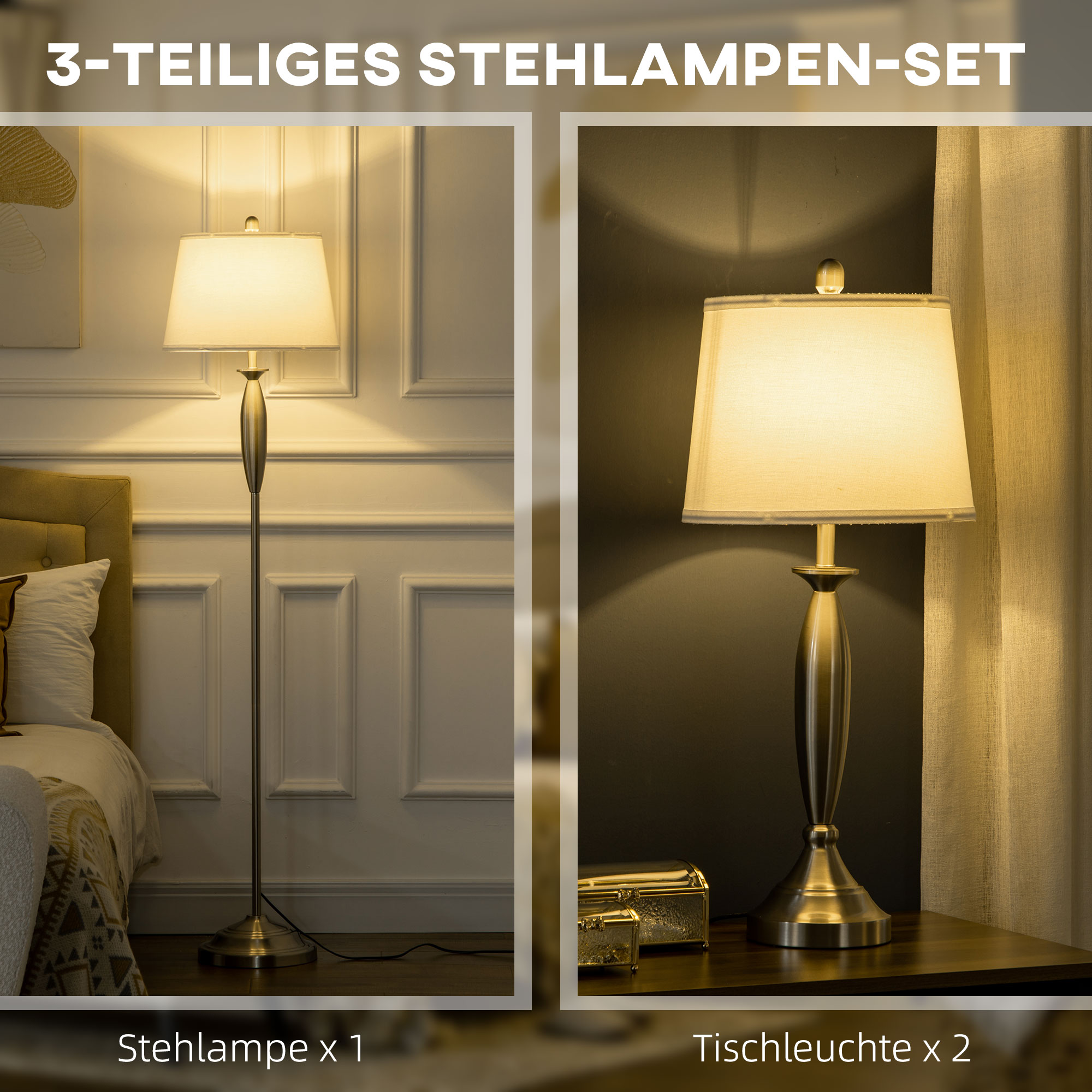 3-teiliges Leuchten-Set. 1 Stehleuchte, 2 Tischleuchten, Leinenoptik; 38 cm x 38 cm x 158 cm, Silber + Weiß