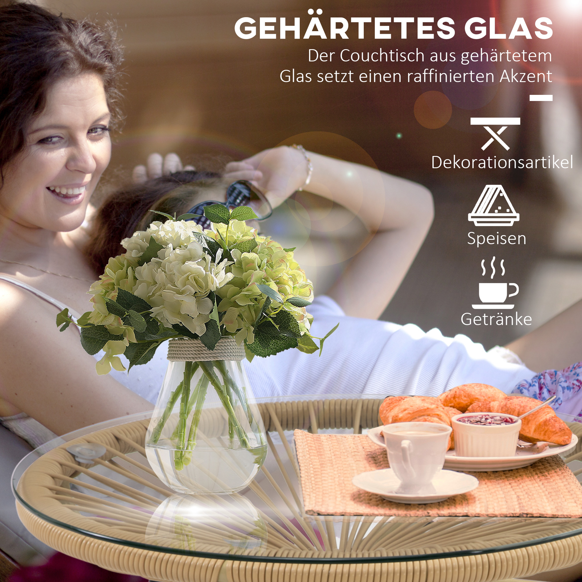 Gartentisch im Boho-Stil, PE-Rattan, gehärtetes Glas, wetterbeständig, 50 cm x 50 cm x 50 cm, Beige