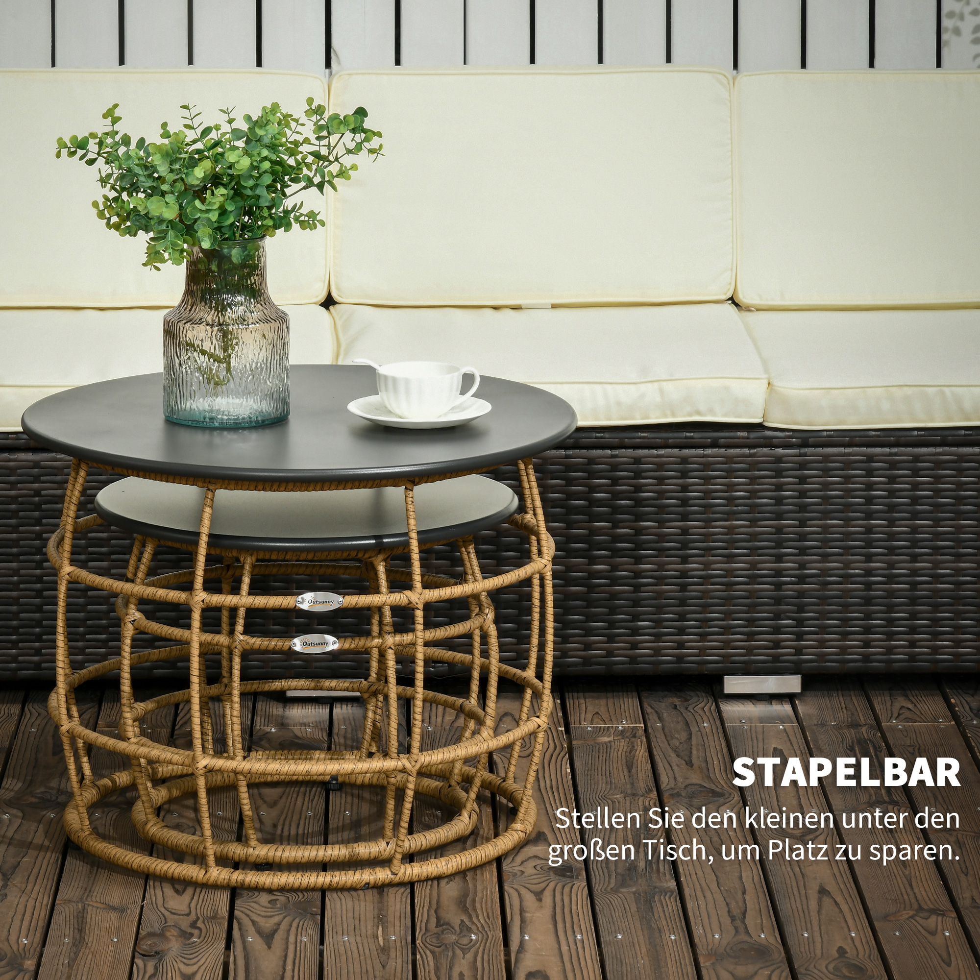 2er-Set Gartentische im Boho-Stil, wetterbeständig, stapelbar, 60 cm x 60 cm x 47 cm, Natur + dunkelgrau