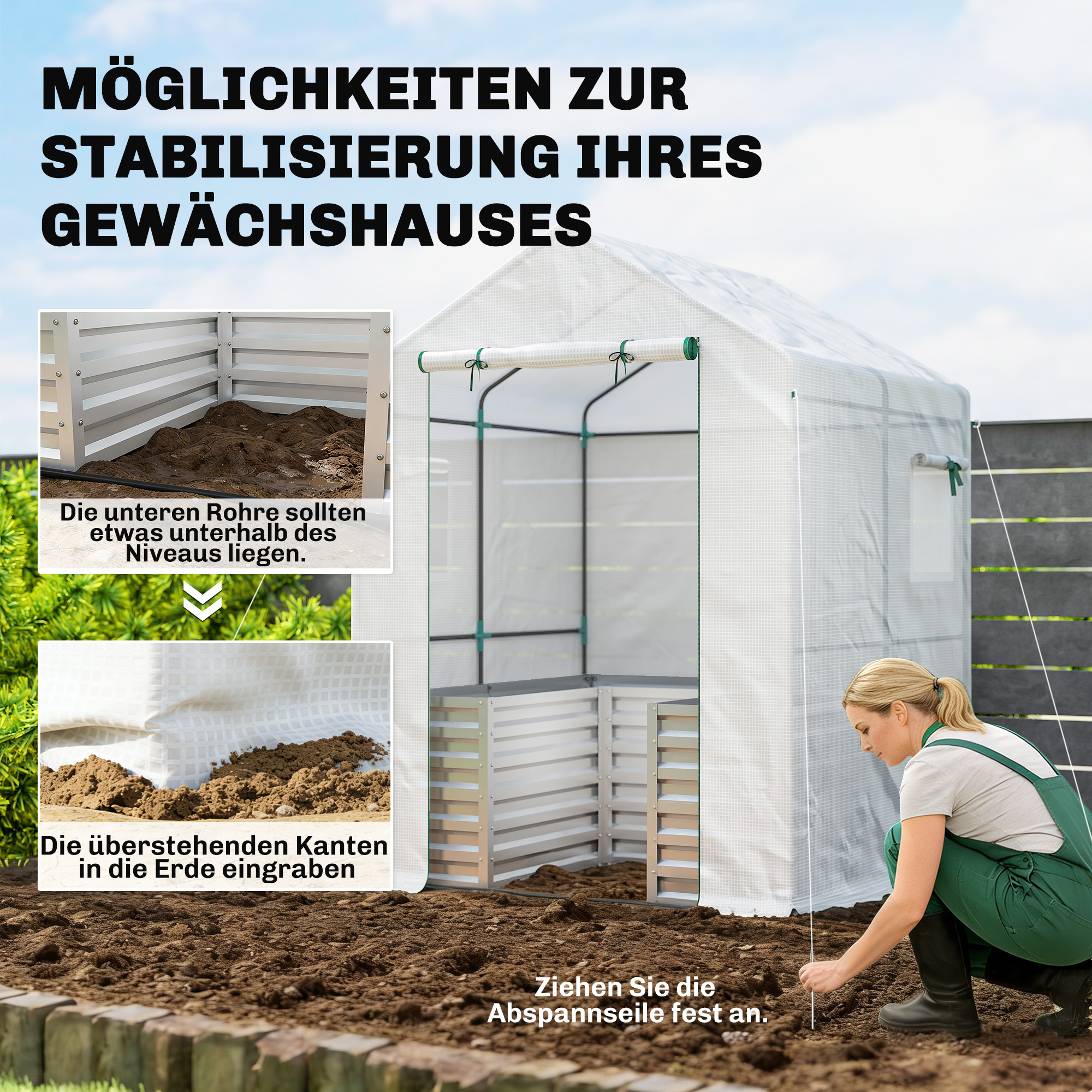 Tomatengewächshaus Foliengewächshaus mit Hochbeet Rolltor Fenster Schrägdach 141 x 141 x 190 cm Weiß