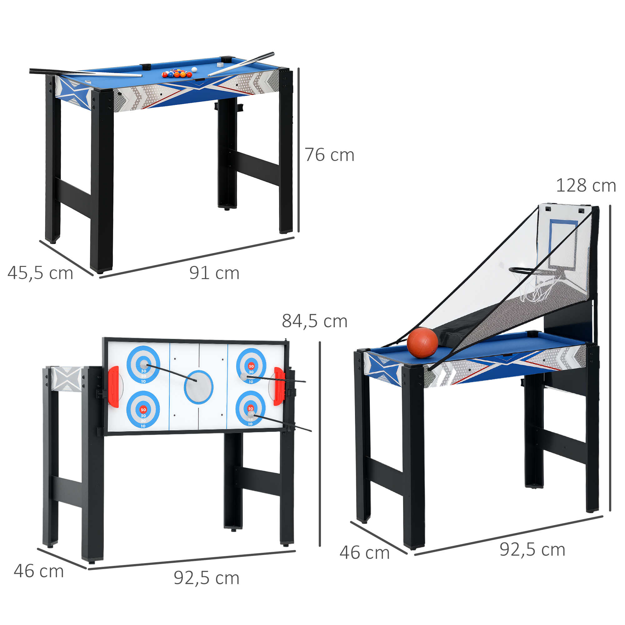 5-in-1-Spieletisch, Billard, Tischtennis, Hockey, Basketball, Bogenschießen, Zubehör inklusive, MDF, Kunststoff, Blau
