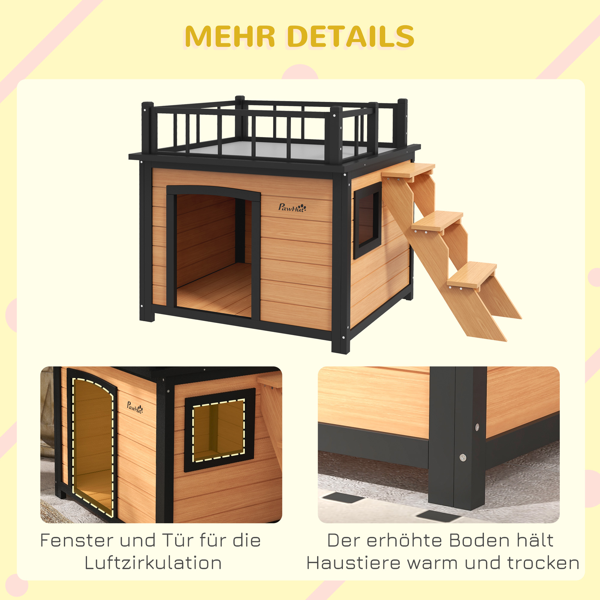 Hundehütte mit Dachterrasse, wetterfest, Holz, 121x77x78cm, Schwarz/Gelb
