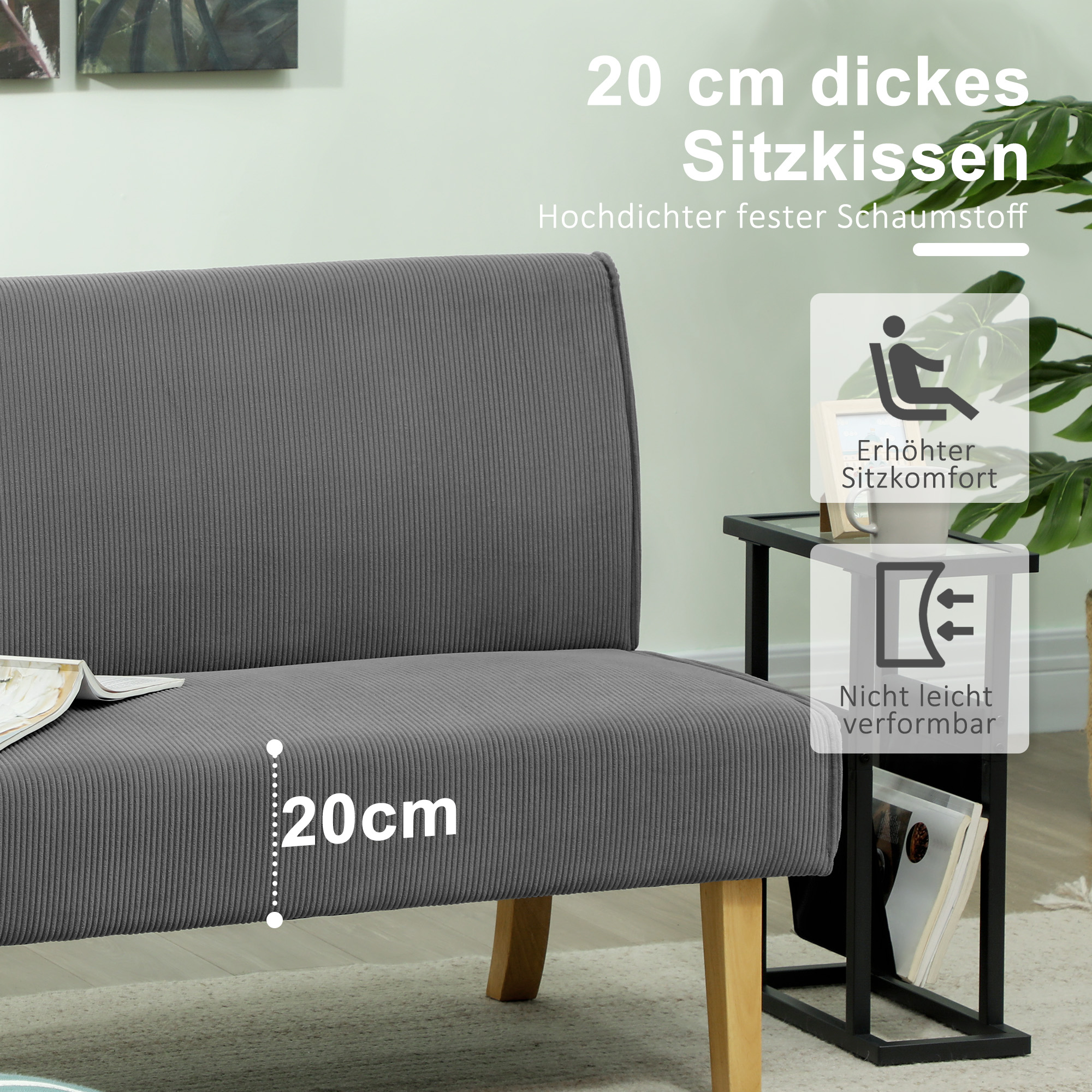 Zweisitzer-Sofa mit Cord-Bezug, dicker Polsterung und soliden Holzbeinen für Wohnzimmer, Schlafzimmer, Büro, Grau