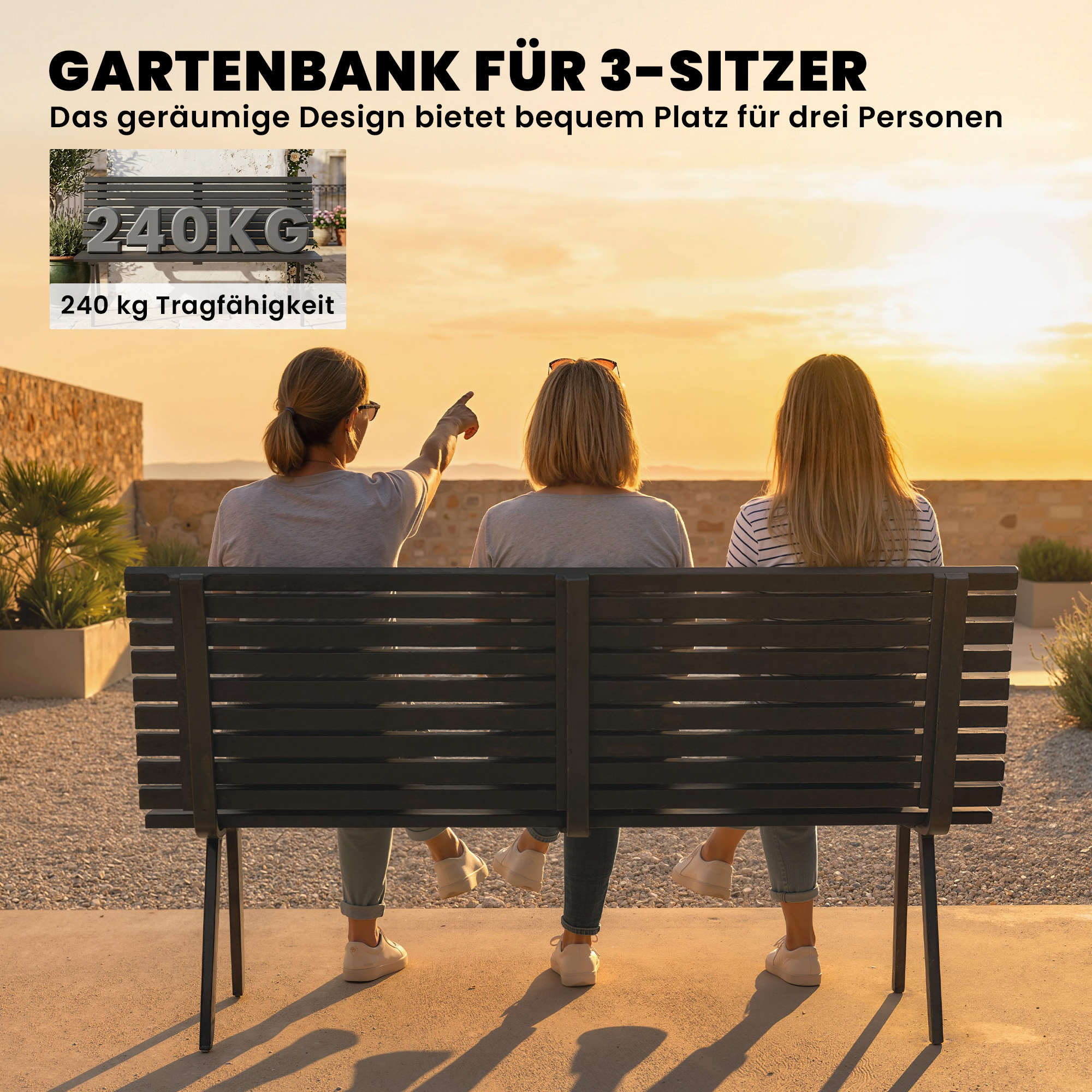 Gartenbank 3-Sitzer wetterfest Metall Outdoor Sitzbank mit breitem Sitz Lamellendesign, bis 240 kg 154 x 68 x 88 cm