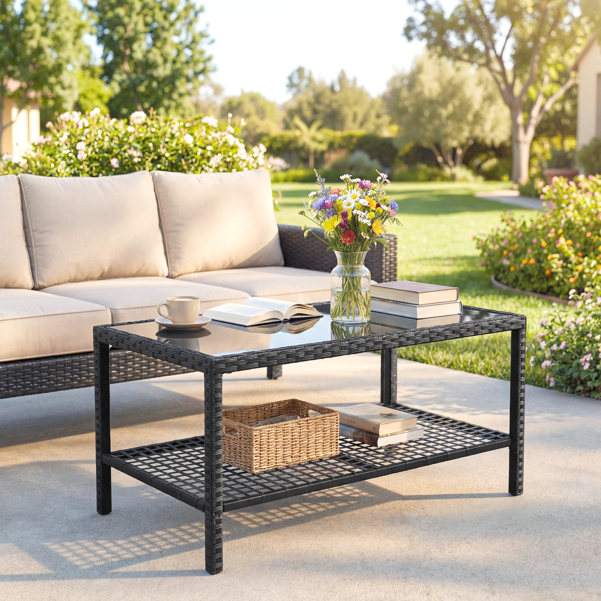Rattan-Couchtisch, zweistufiger Outdoor-Tisch mit Ablagefach, gehärteter Glasplatte und Stahlrahmen, Schwarz