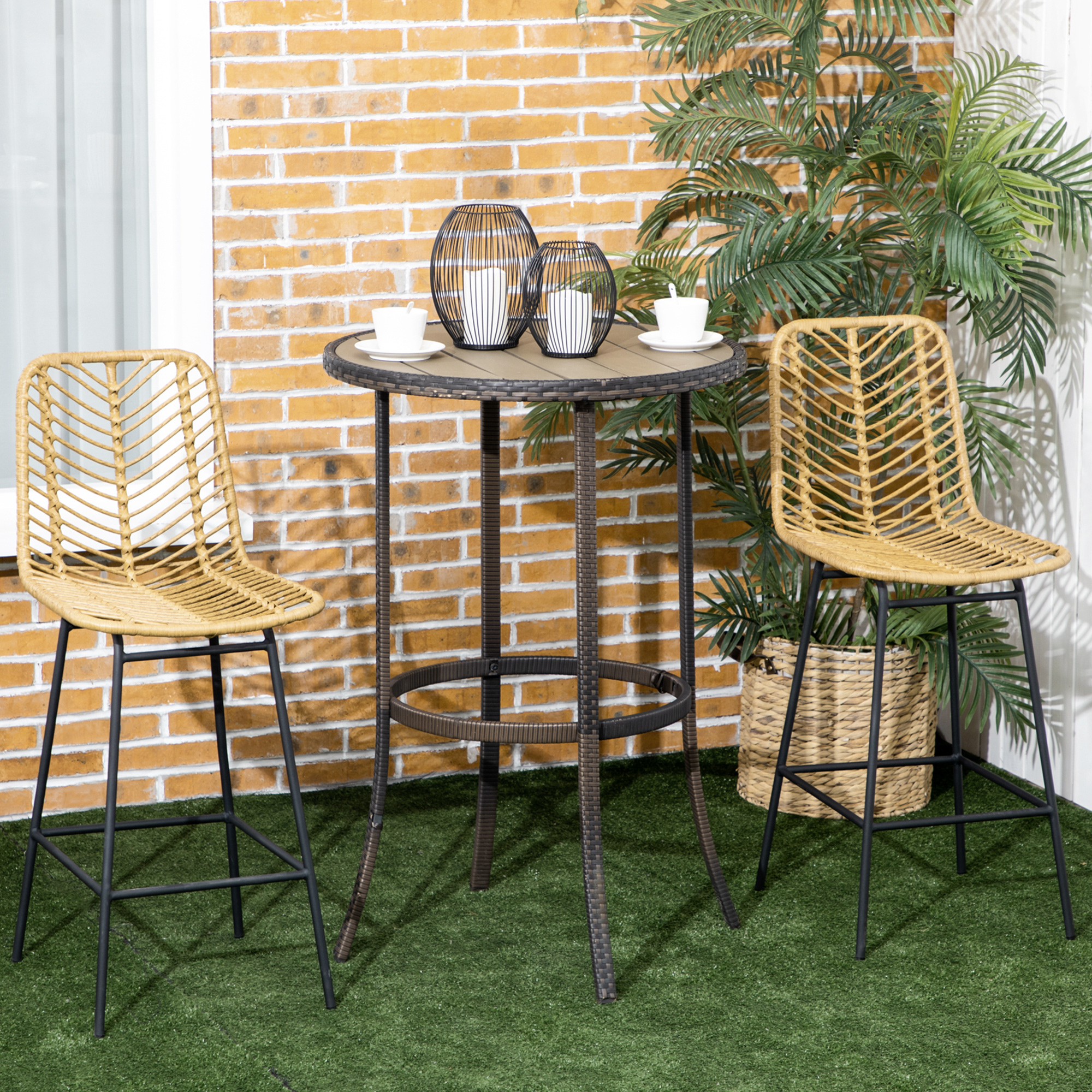 2er Set Barhocker mit Lehne Barstühle im Boho-Design, PE-Rattan, inkl. Fußtstütze, 42,5 cm x 52 cm x 102 cm, Gelb + Schwarz