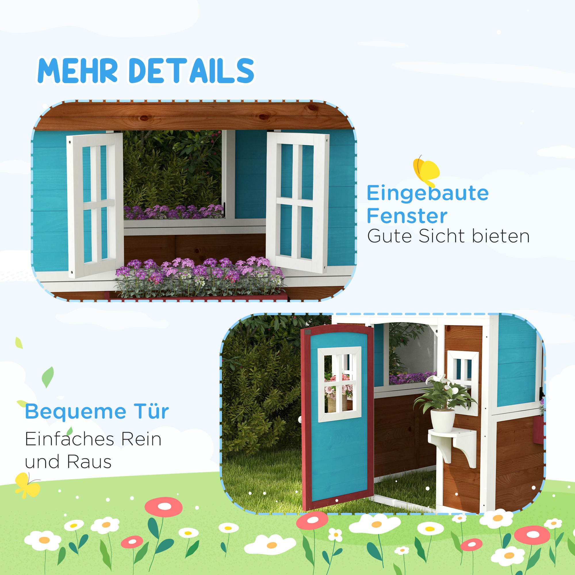 Kinderspielhaus, Holz-Spielhaus für Kinder, Outdoor-Gartenspielhaus mit Fenstern, Blumentöpfe, 3-8 Jahre, Blau