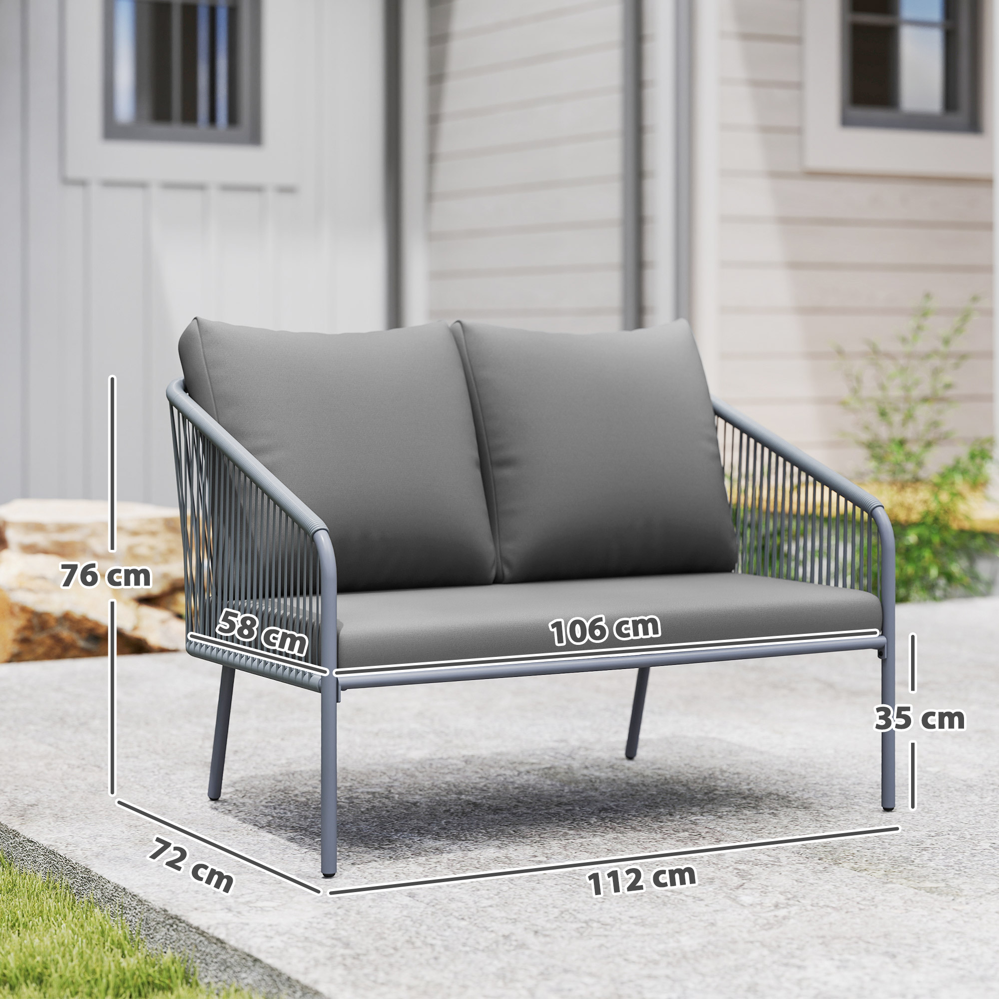 Gartensofa mit Kissen 2-Sitzer Rattan Sofa Lounge Sofa Outdoor Balkon Sofa 112 x 72 x 76 cm Grau