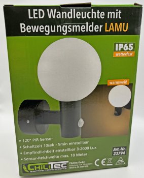 LED Wandleuchte "LAMU" mit PIR-Sensor, IP65, 15W, schwarz, 3000k / warmweiß