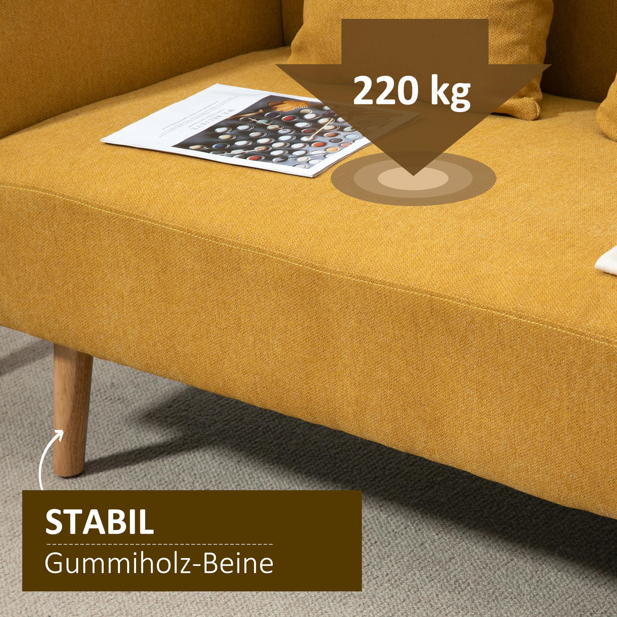 Sofa 2 Sitzer Couch mit 2 Wurfkissen, Kleine Loveseat mit Samtopik Modern Polstersofa für Wohnzimmer, Schlafzimmer, kleinen Raum, Gelb 130 x 70 x 80 cm