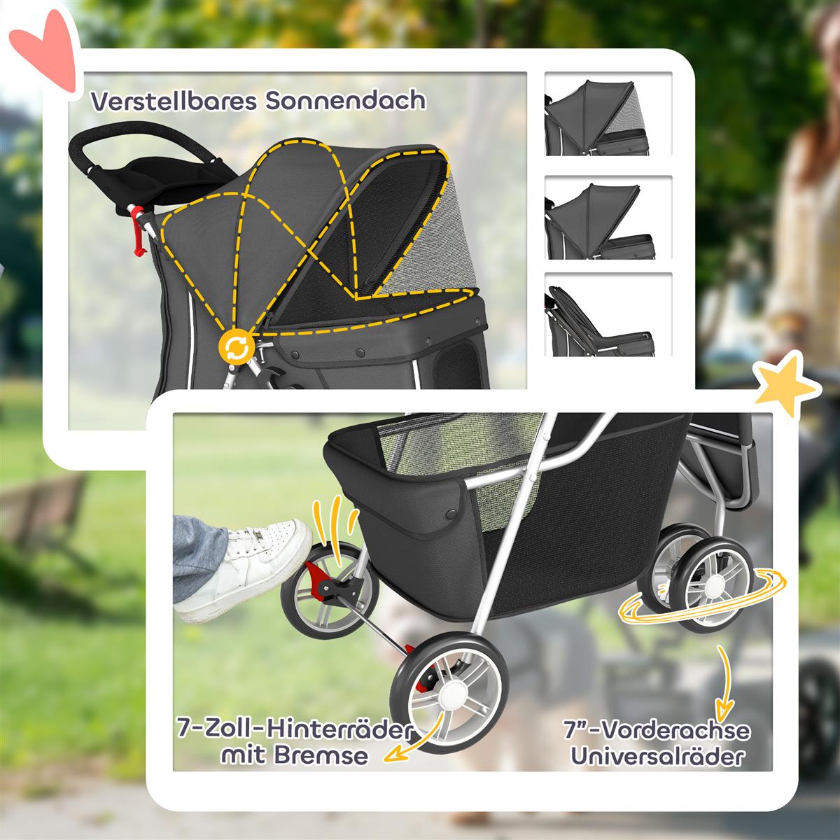 Faltbar Hundewagen mit verstellbarem Verdeck, Aufbewahrungskorb, für kleine Hunde bis 10kg, 77 x 44 x 102 cm Dunkelgrau