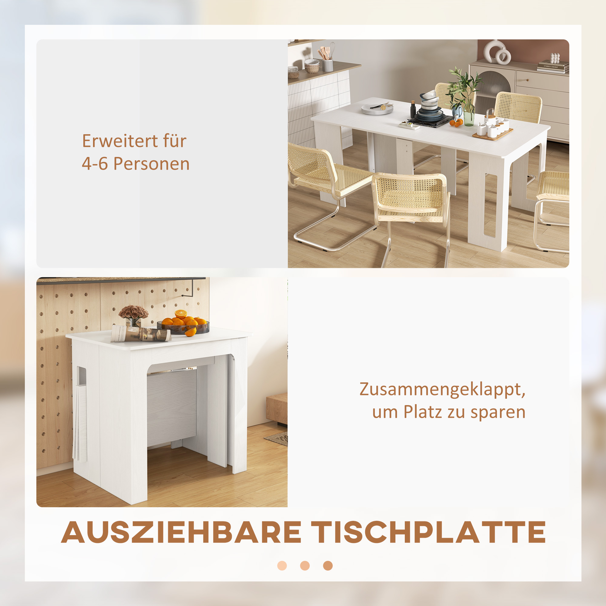 Esstisch, Klapptisch, ausziehbarer Küchentisch, Esszimmertisch, Spanplatten, 60-180 x 85 x 75 cm, Weiß