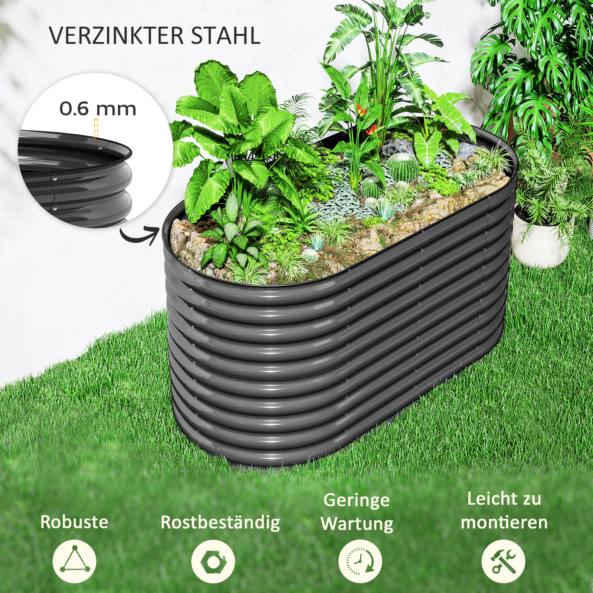 Pflanzkübel, Metall-Blumenkübel mit Sicherheitskante und Handschuhen, offener Boden, 160B x 80T x 80H cm, Dunkelgrau