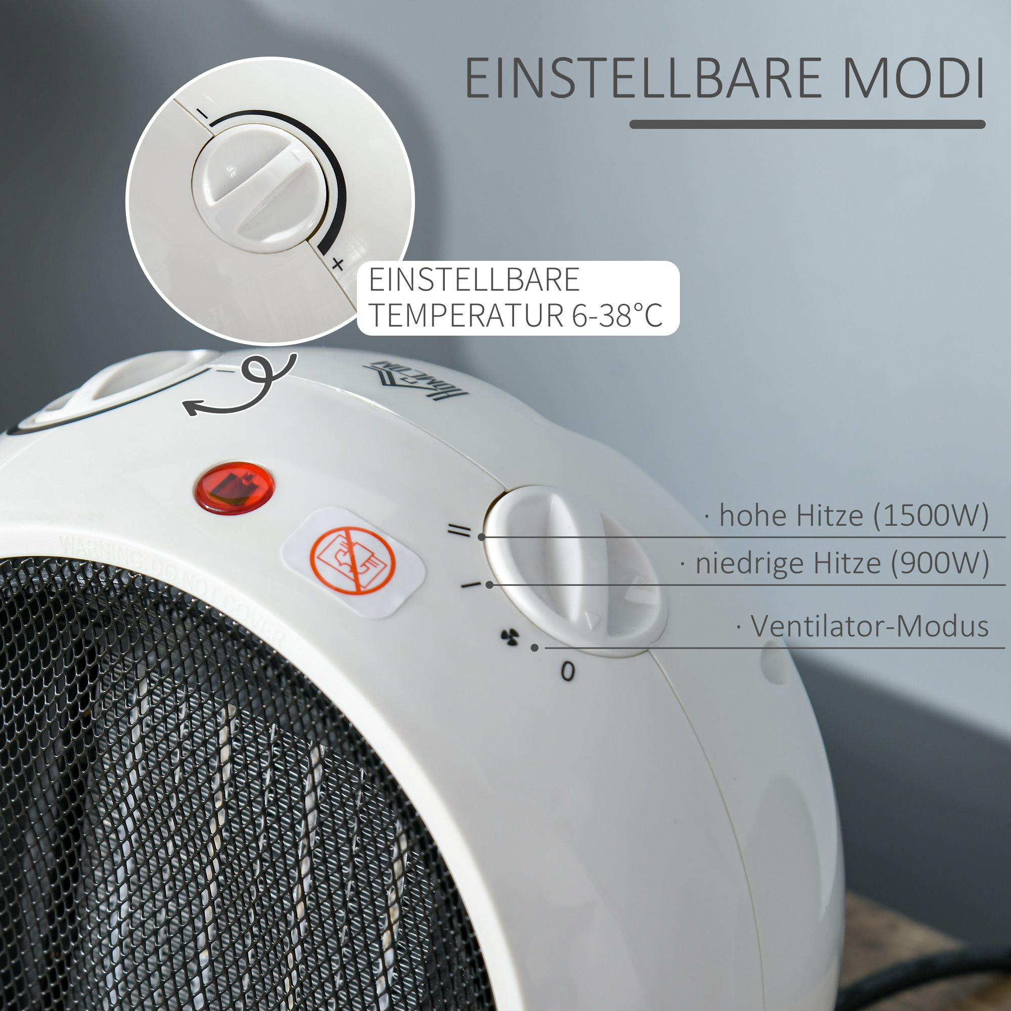 Heizlüfter Heizgerät Elektroheizer Heizer Heizung Wärme 900W/1500W PP-Kunststoff Weiß+Schwarz 22 x 18,5 x 21 cm