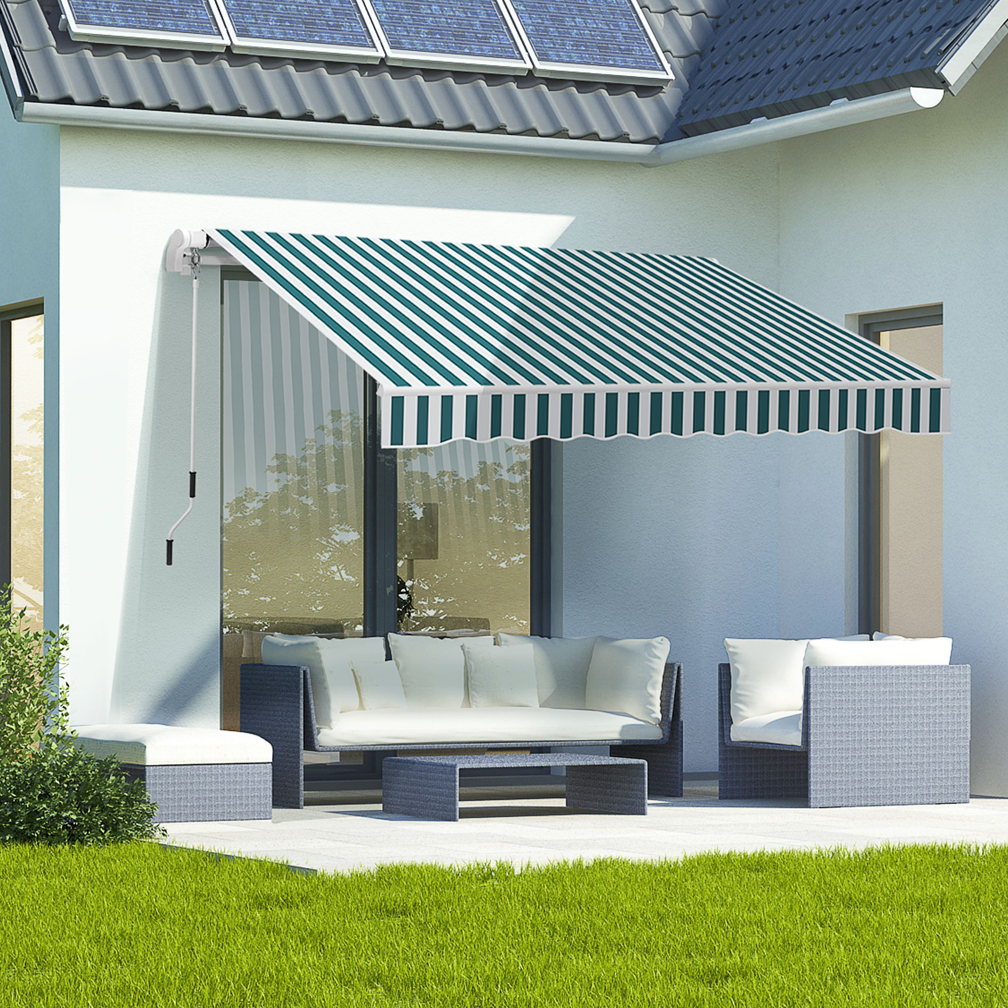Markise, Sonnenschutz, einfahrbar, mit Handkurbel, Metallrahmen, Polyester, weiß+grün, 3,95 x 2,45 m
