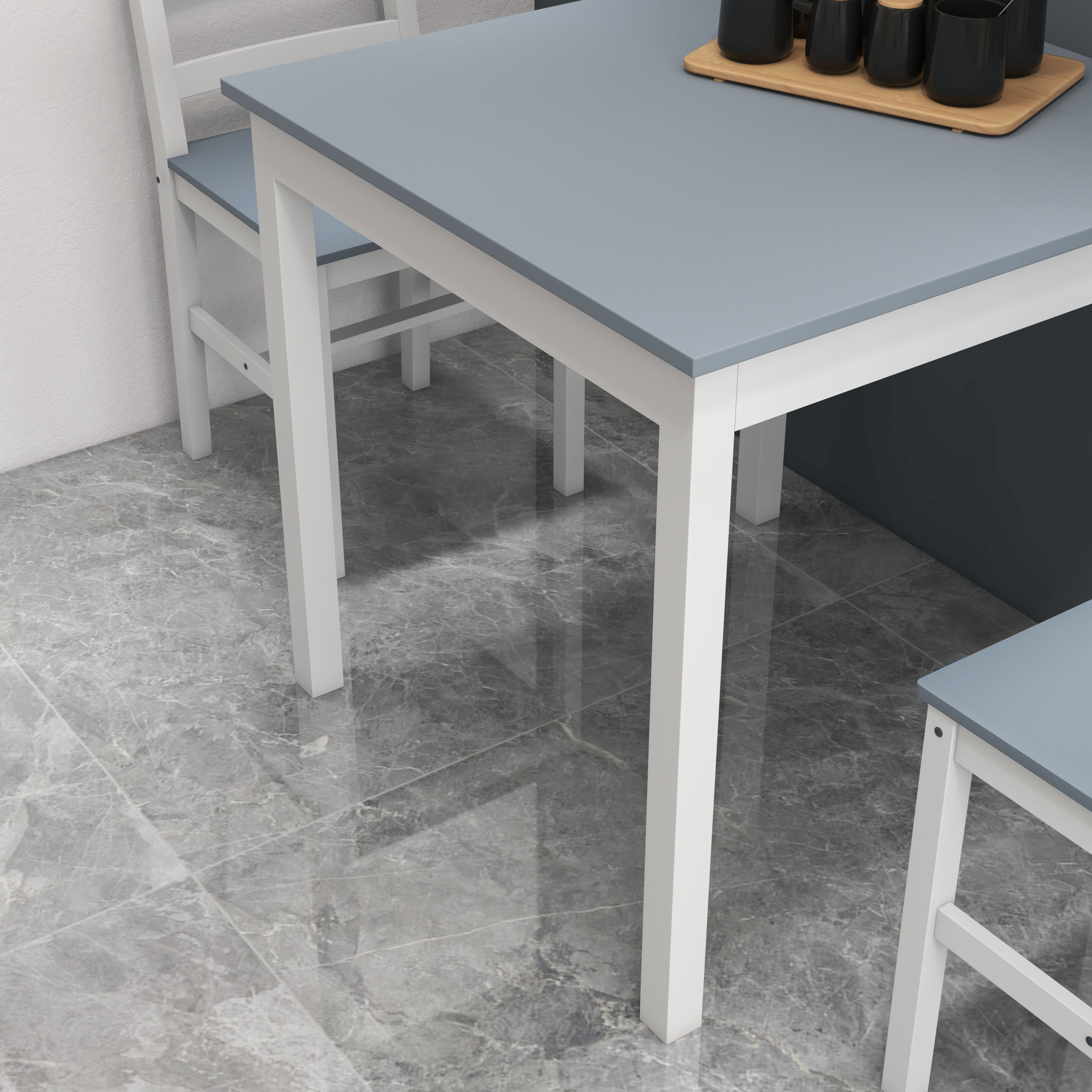 Essgruppe für 2 Personen, 2 Stühle, 1 Tisch, Kiefernholz, Weiß + Grau