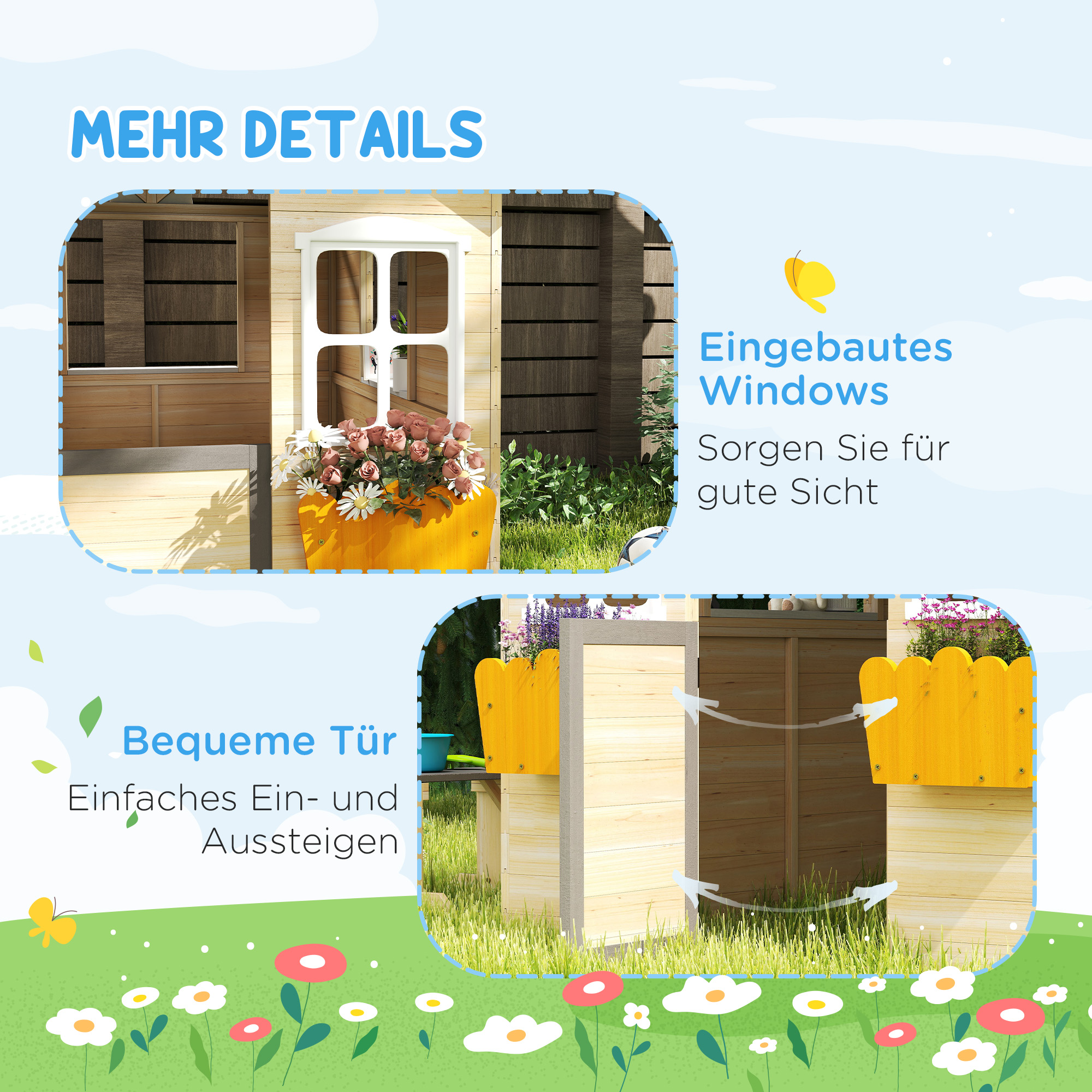 Spielhaus Kinderspielhaus aus Holz mit Tür Fenster Briefkasten Blumentopfrack Gartenhaus für Jungen und Mädchen 3-7 Jahre Kinderspielzeug für Outdoor & Indoor Natur